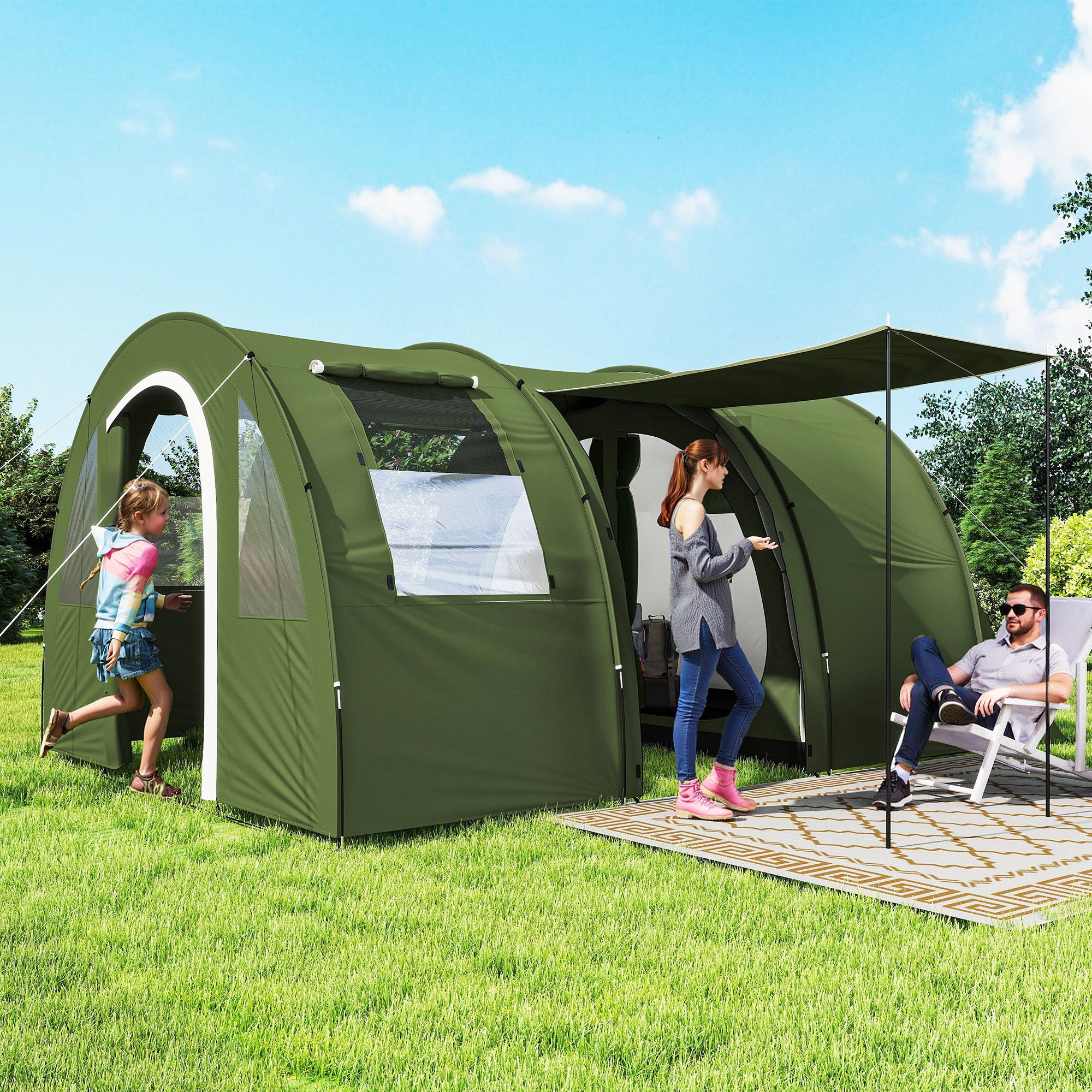Outsunny 5-6 Man Camping Tent with 2 Room, Floor and Carry Bag - Green