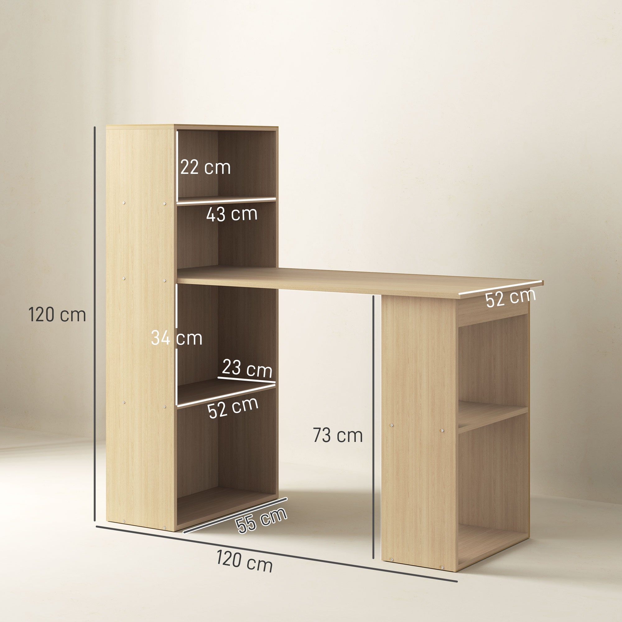 HOMCOM 120cm Computer Desk, Wooden PC Laptop Table with 6-Tier Storage Bookshelves, Home Office Working Study Desk, Writing Workstation, Natural Wood