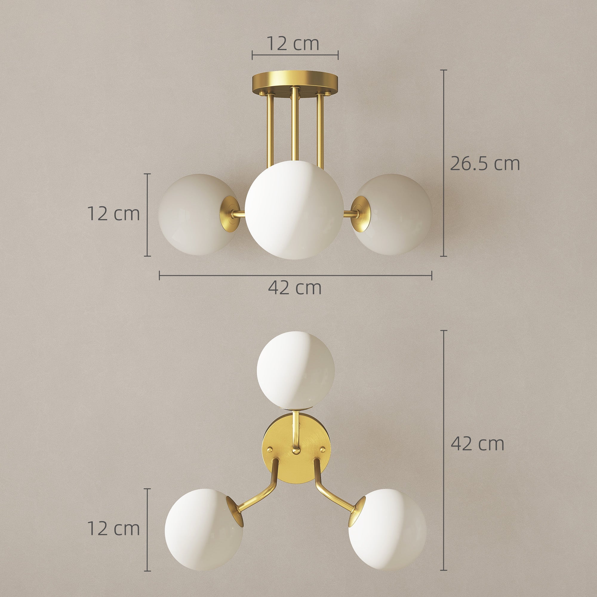 HOMCOM LED Ceiling Light with Globe Shades, Modern 3-Light Ceiling Light with G9 Sockets for Living Room, Bedroom, Dining Room, Bulbs Not Included, Gold Tone