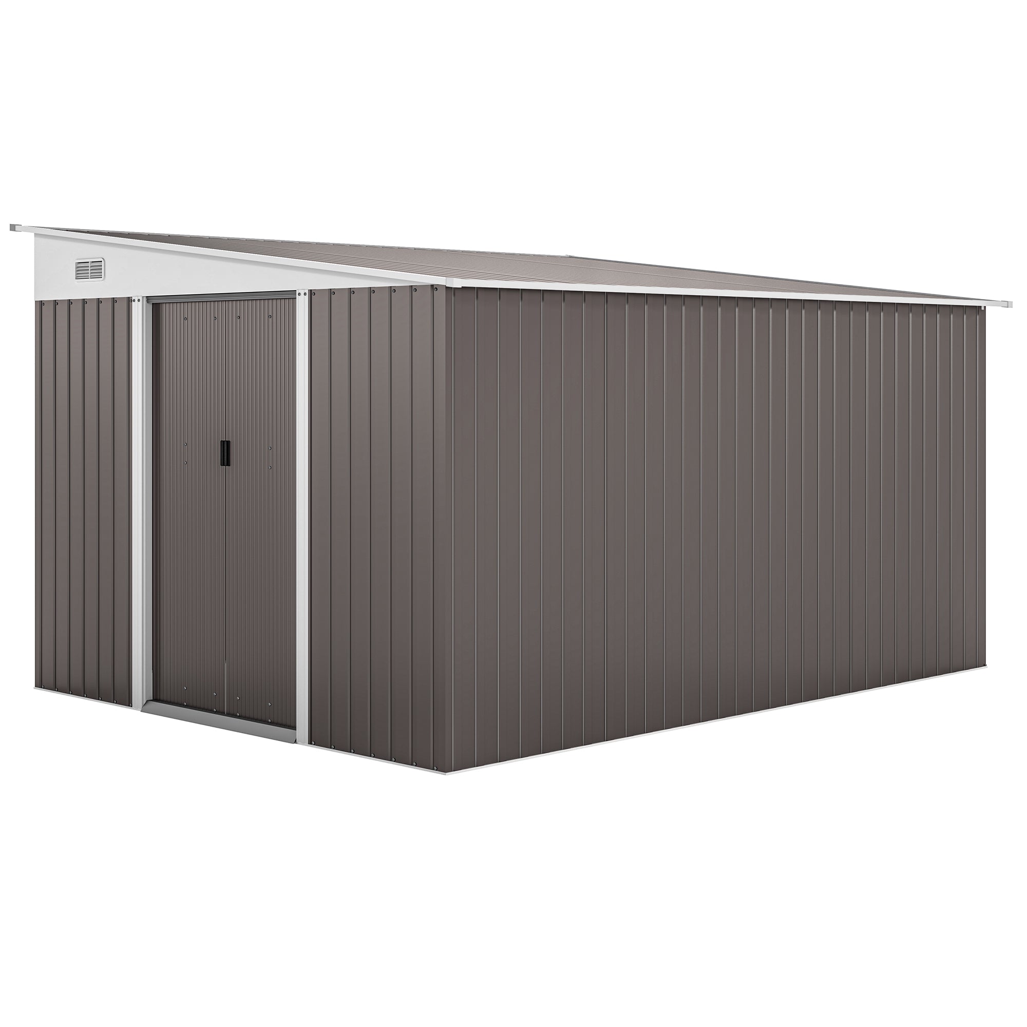 Outsunny 11.3 x 9.2ft Lean to Metal Garden Shed, Outdoor Galvanised Tool Storage House with Double Sliding Doors and 2 Air Vents, Grey