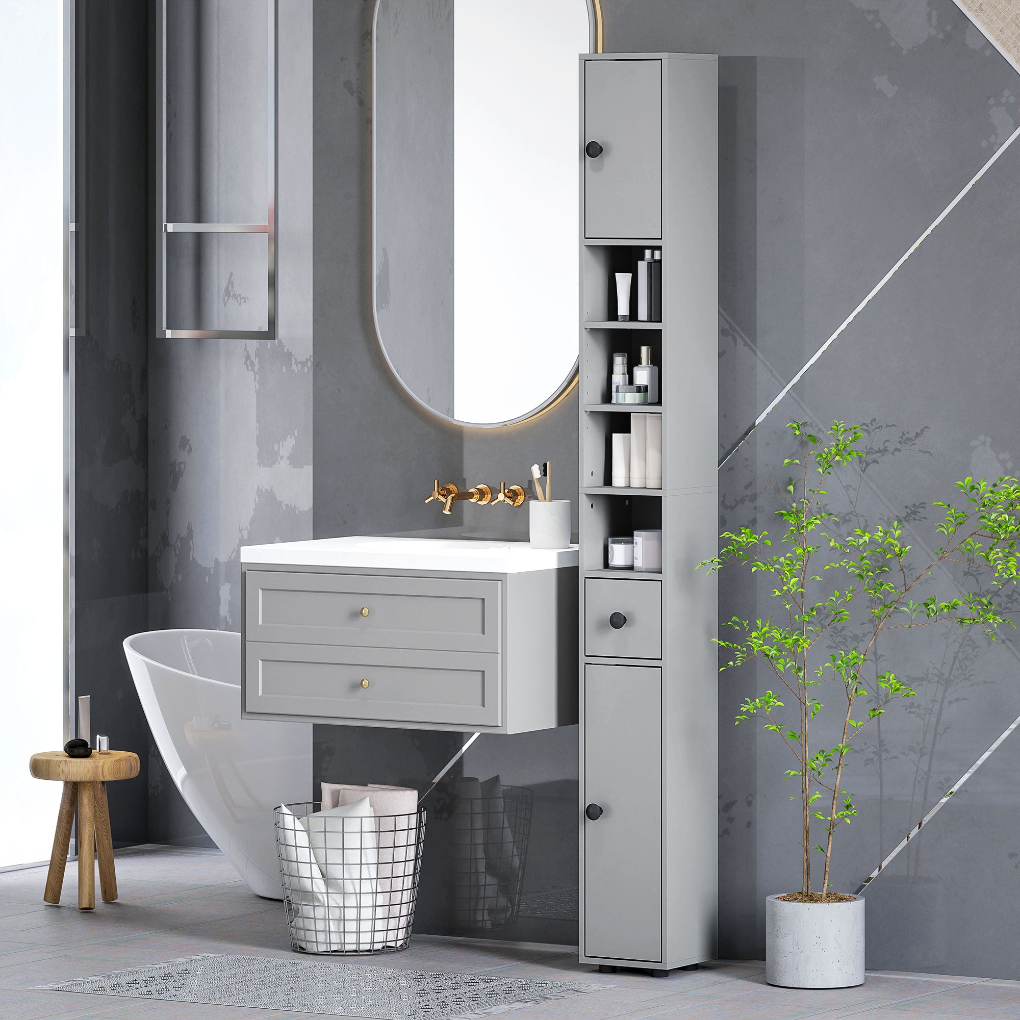 kleankin 180cm Slim Bathroom Cabinet, with Drawer, Shelves and Cupboards - Grey