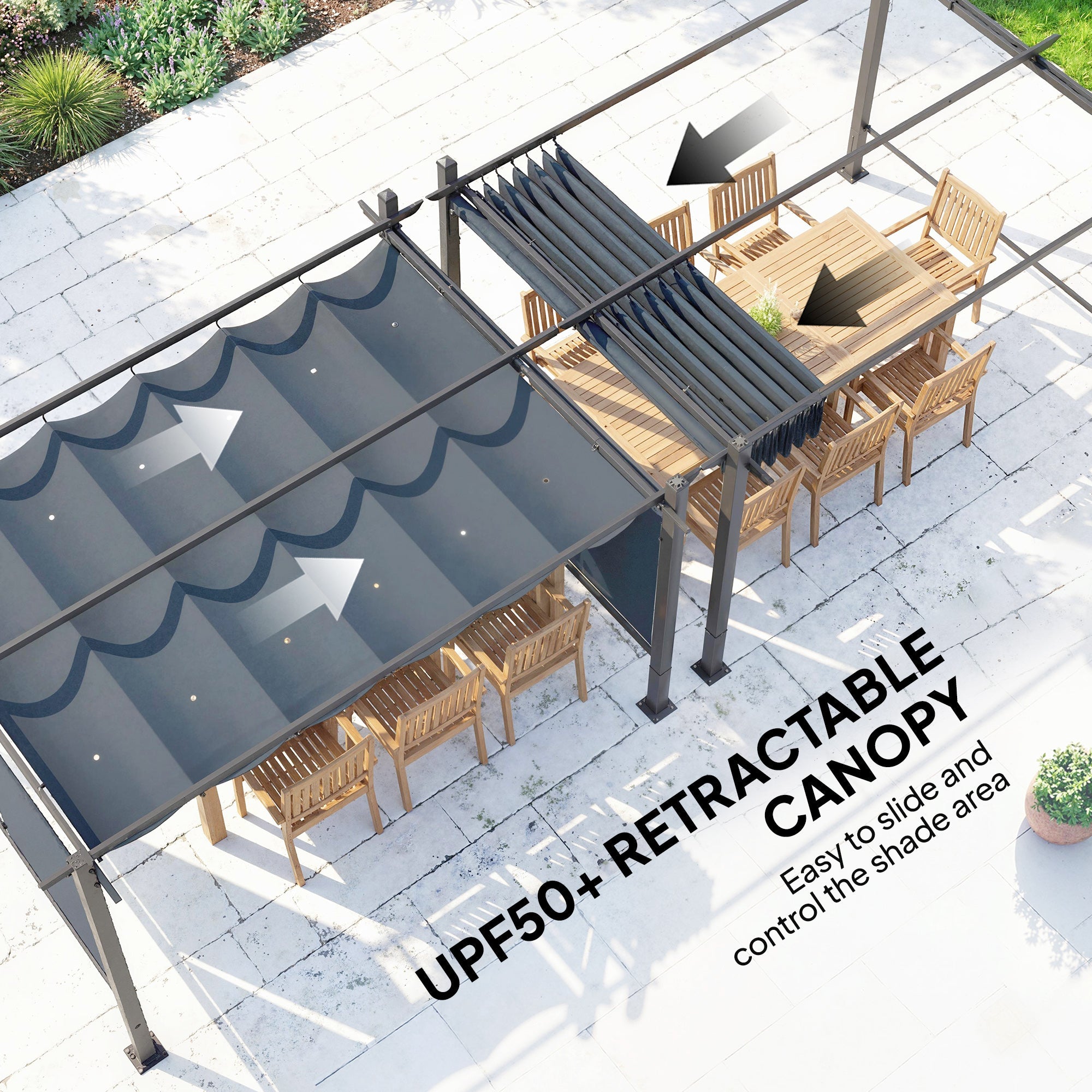 Outsunny 4 x 3 m Garden Pergola with Retractable Roof Canopy and Roll-Up Sides, Outdoor Gazebo Pergola Kit, Dark Grey