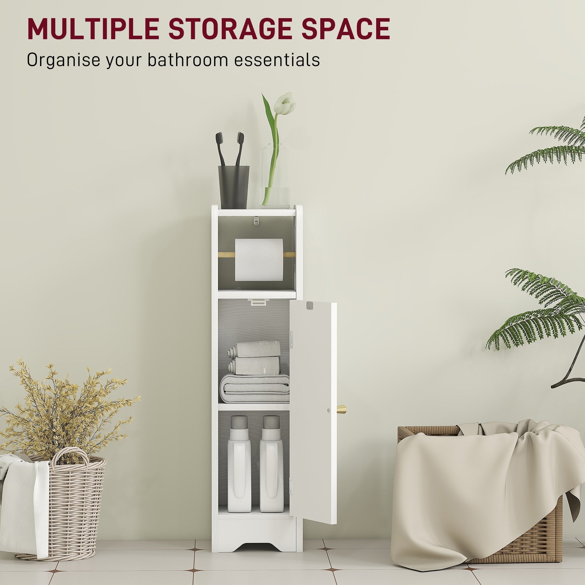 HOMCOM Small Bathroom Storage Cabinet with Toilet Roll Holder - White