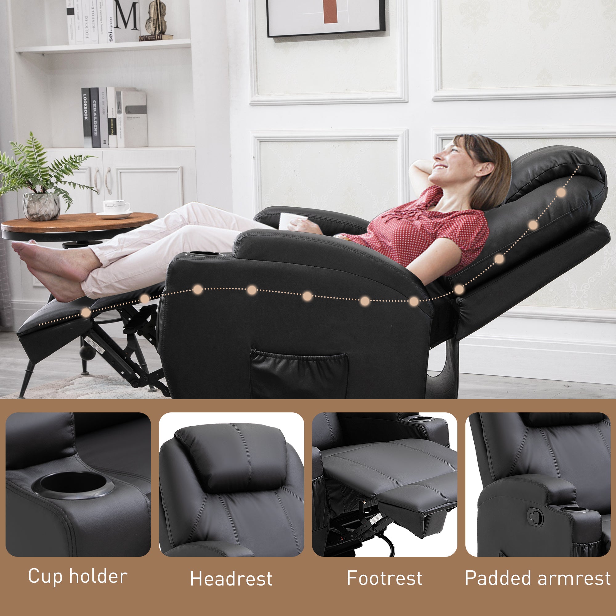 HOMCOM Recliner Chair, Recliner Massage Rocker Chair with 360√Ç¬∞ Rotate, 165√Ç¬∞ Reclining Function, Adjustable Footrest, Swivel Armchair Single Sofa for Living Room with Drink Holders, Side Pockets, Black