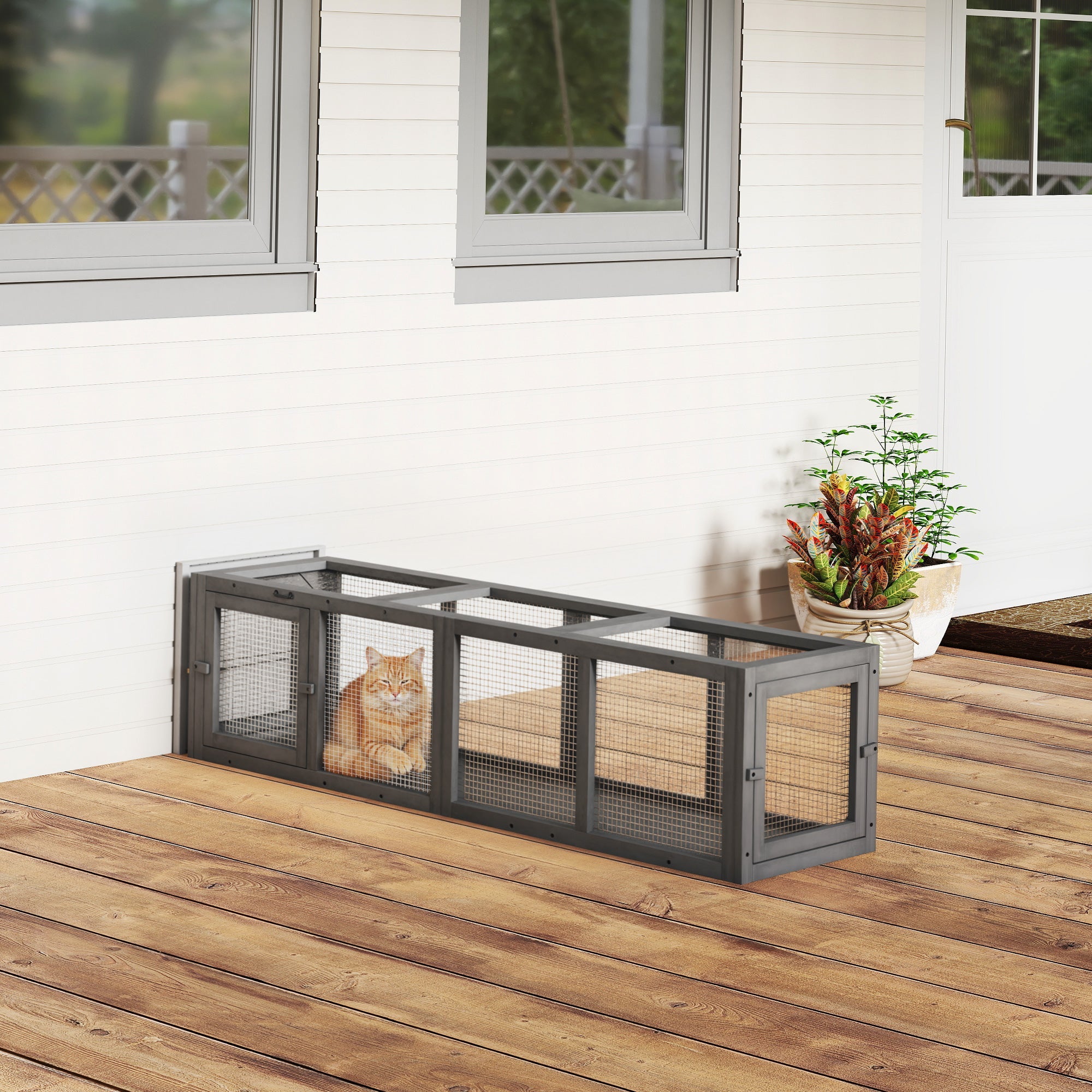 PawHut Outdoor Cat Tunnel, Wooden Play Cat Enclosure, Extendable Pet Run with 3 Doors, for Indoor and Outdoor Use, Grey