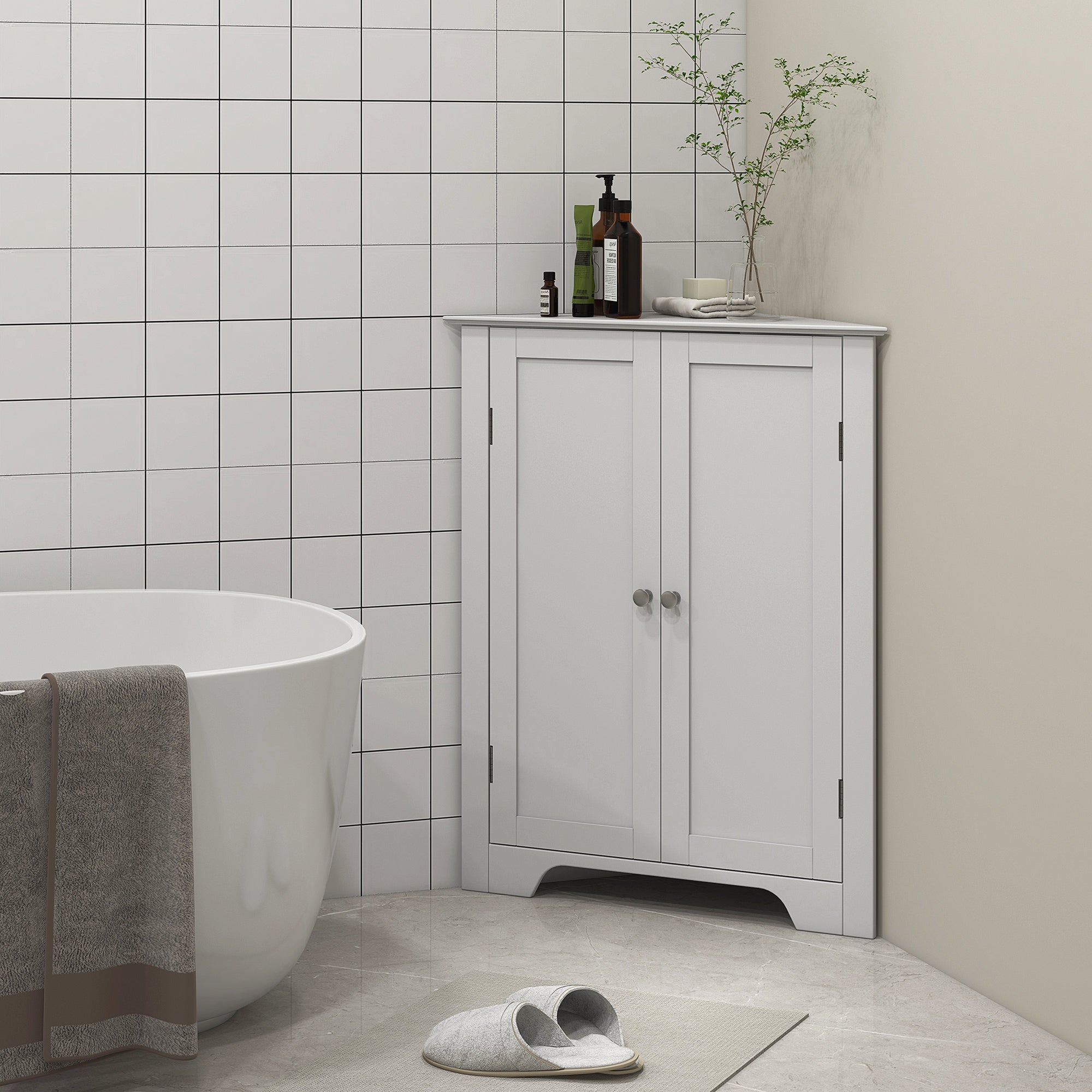 kleankin Triangle Bathroom Cabinet, Corner Bathroom Storage Unit with Adjustable Shelf and Recessed Door, Free Standing, White