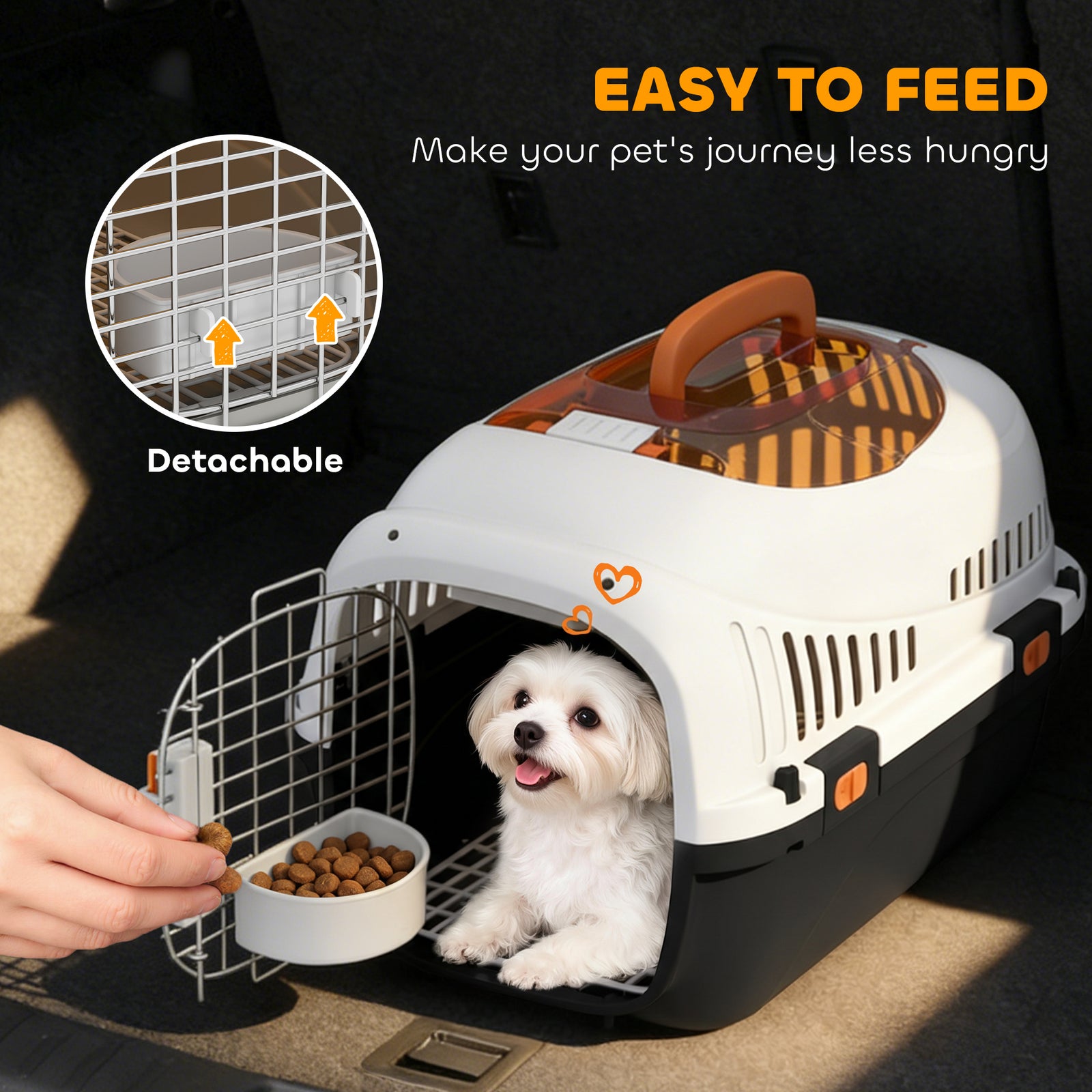PawHut Plastic Pet Carrier Hard Shell Dog Cat Carrier Max 4 KG Steel Door Feed Bowl Secure Lock 49 x 32 x 31 cm
