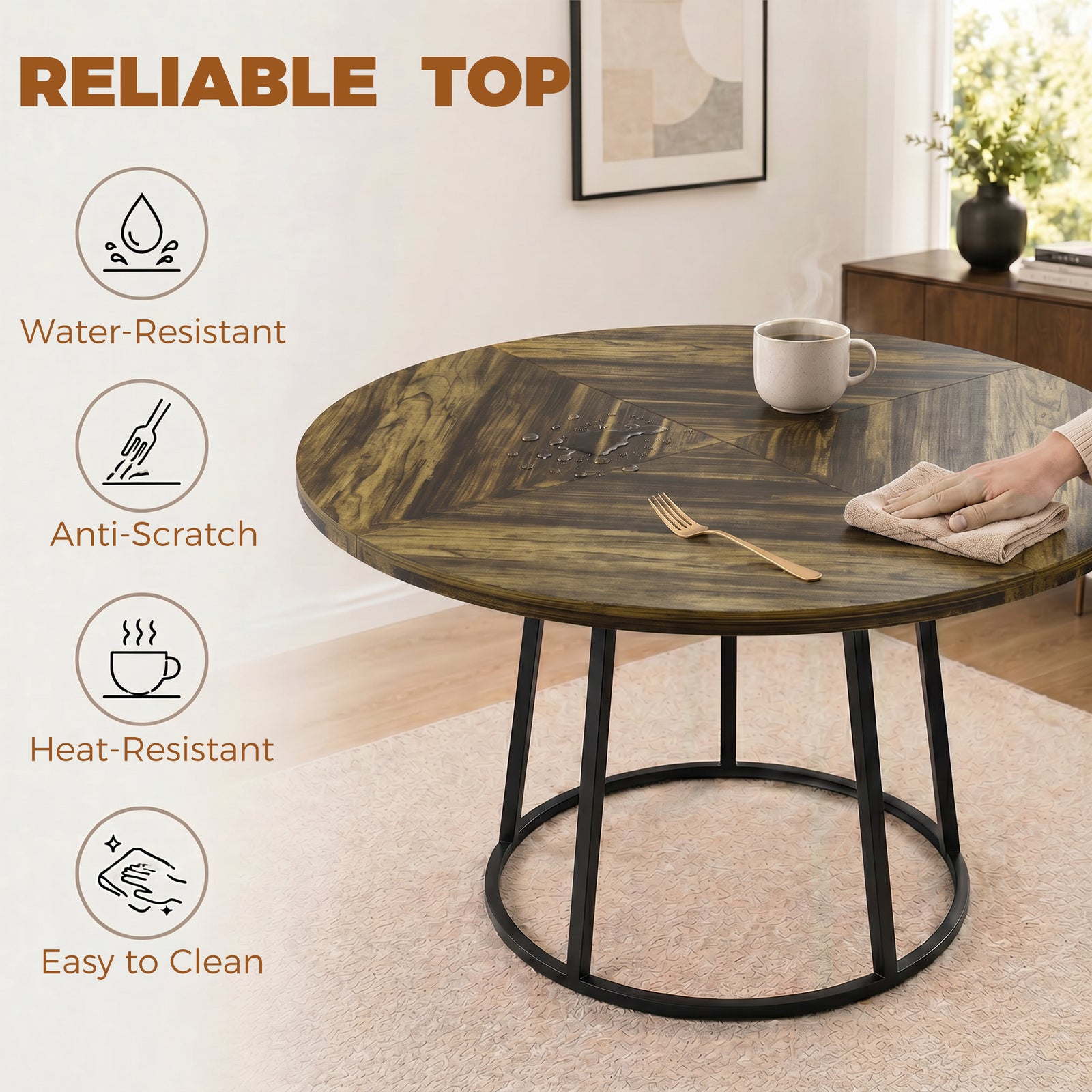 HOMCOM Dining Table Space Saving Kitchen Table Spliced Tabletop Conical Metal Base 120 cm Round Rustic Brown