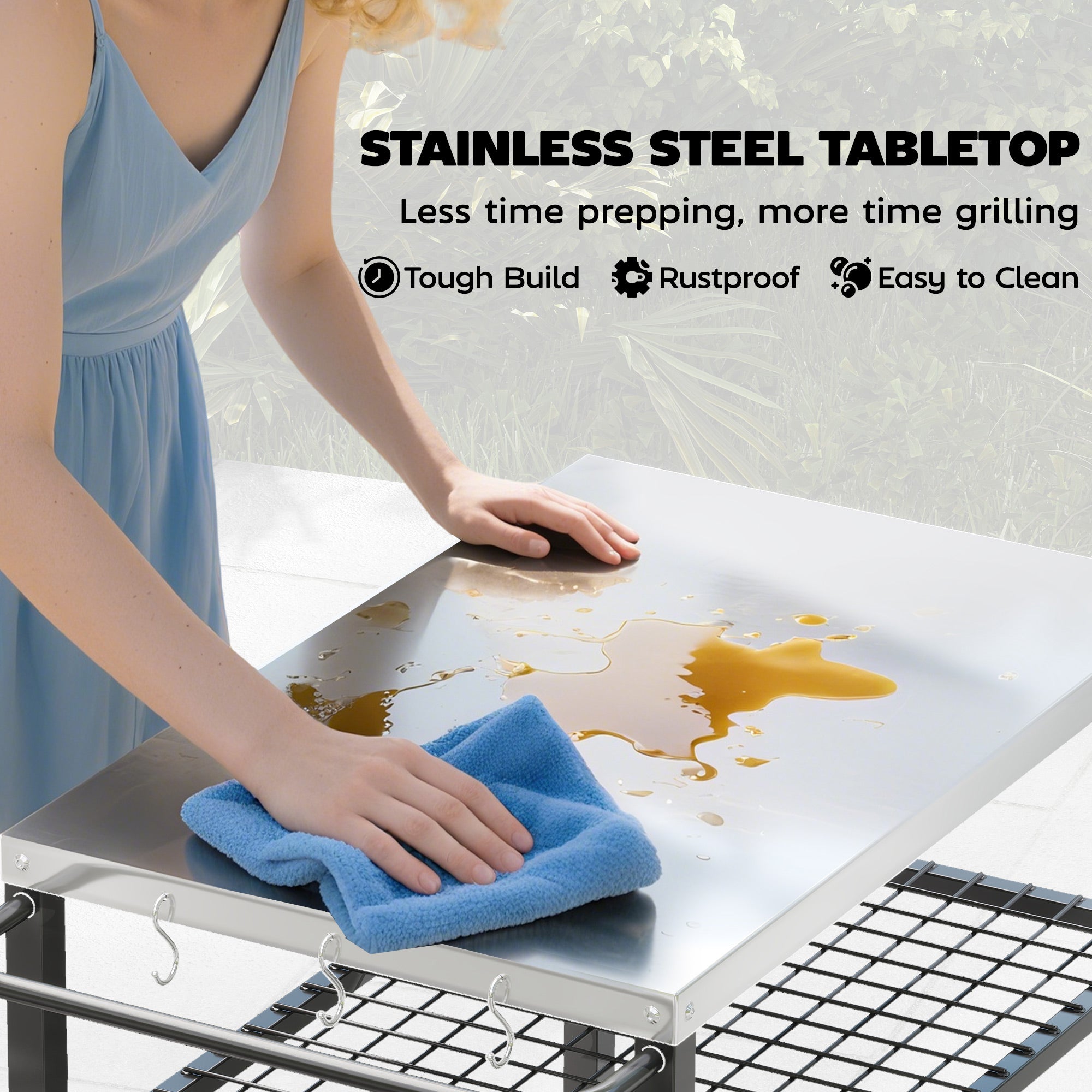 Outsunny Outdoor Grill Cart with Stainless Steel Tabletop, 3-Tier Pizza Oven Stand with 2 Shelves, 6 Hooks, Wheels, Black