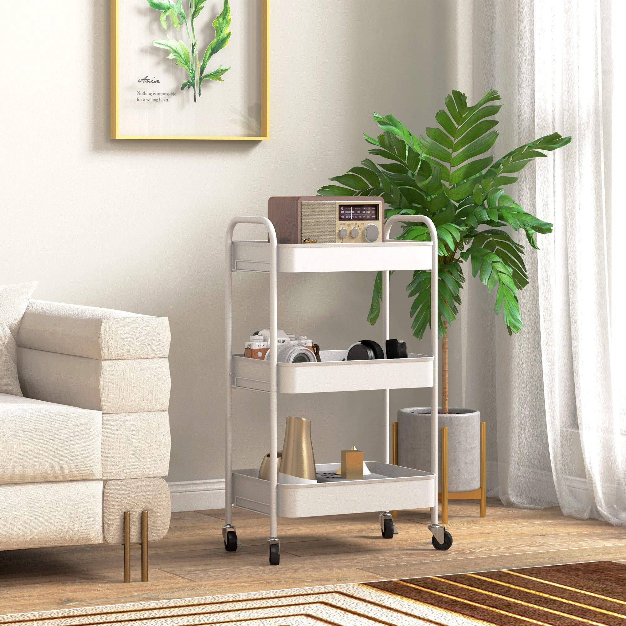 HOMCOM Three-Tier Steel Storage Trolley - White