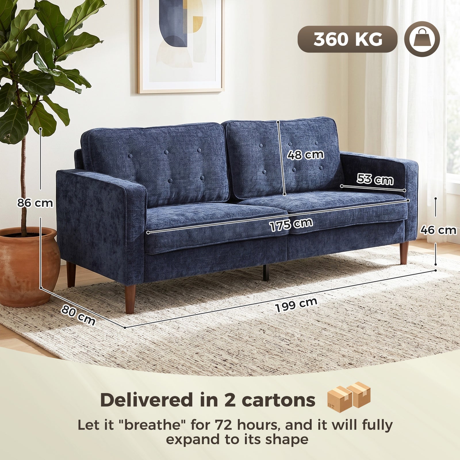 HOMCOM 3 Seater Sofa Button Tufted Upholstered Couch with Wood Legs for Living Room, Dark Blue
