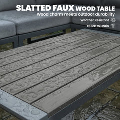 Outsunny 6 Seater Metal Garden Furniture Corner Sofa Set with 3 Loveseats, Faux Wood Table, Texteline Seat, Cushions, Dark Grey