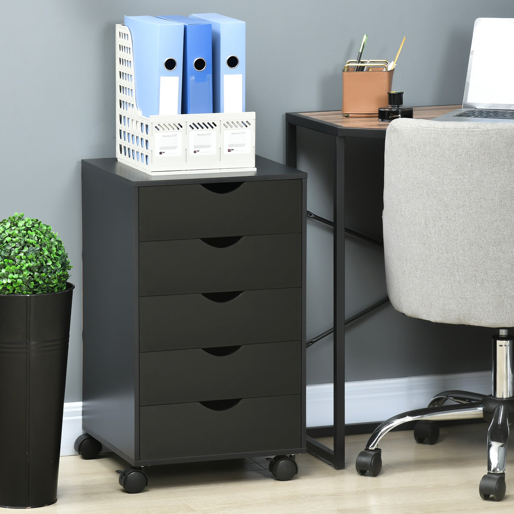 HOMCOM 5 Drawer Mobile Filing Cabinet, Vertical File Cabinet, Modern Rolling Office Storage Organizer Cupboard, Black