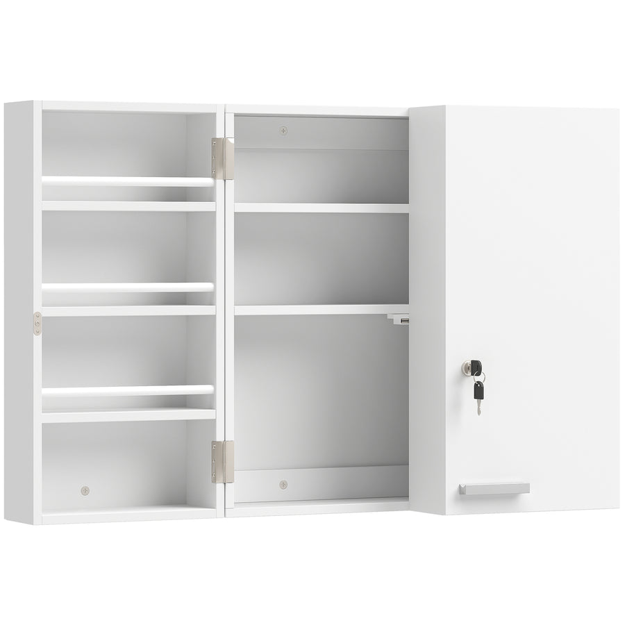 HOMCOM Wall Mount Medicine Cabinet with Key Lock, 3 Tier First Aid Cabinet with 2 Doors and 11 Storage Compartments, White