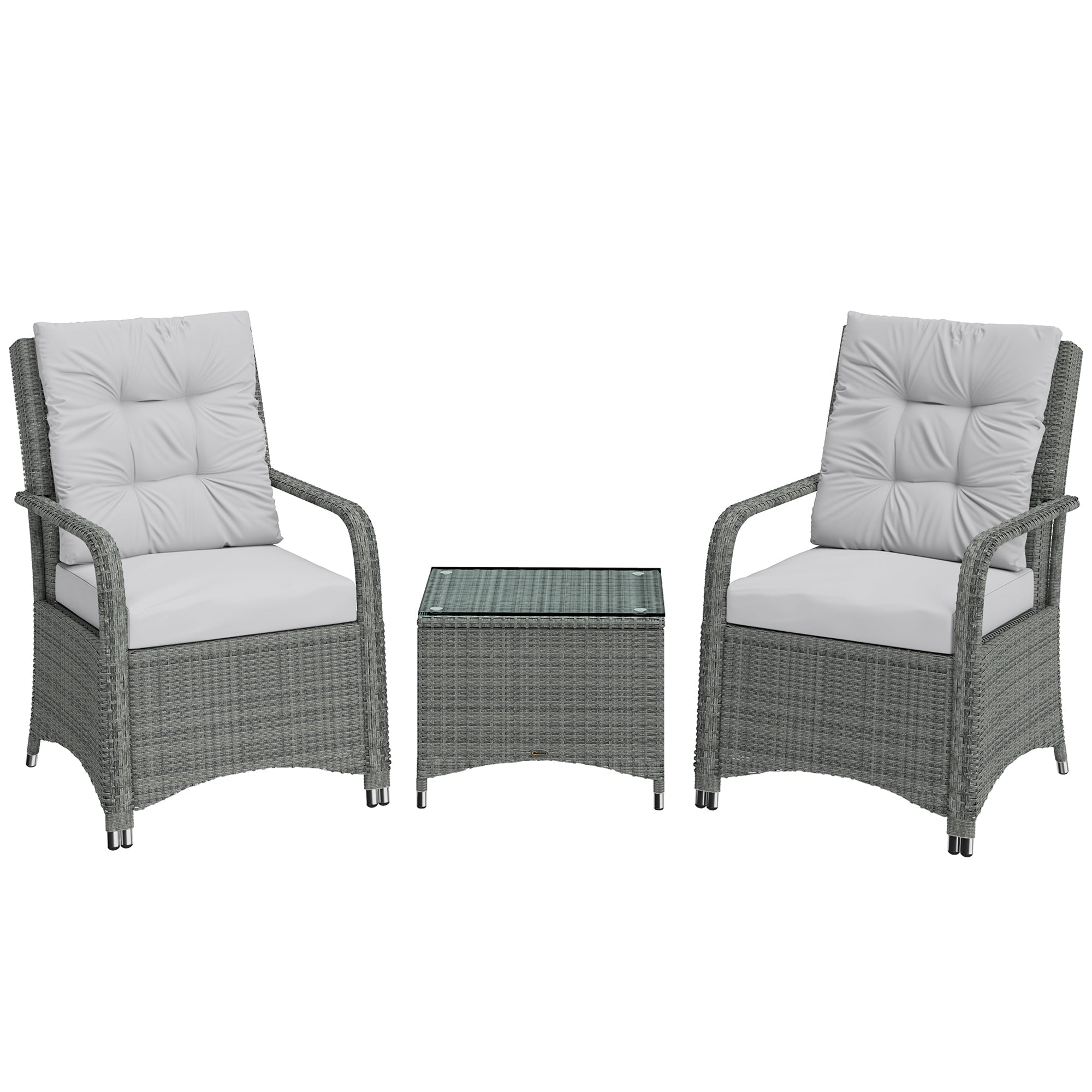 Outsunny 3 Pieces Rattan Bistro Set, Wicker Garden Furniture Set with Metal Frame, Cover, Glass Top Coffee Table, Light Grey