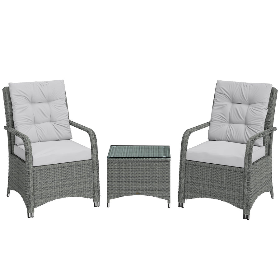 Outsunny 3 Pieces Rattan Bistro Set, Wicker Garden Furniture Set with Metal Frame, Cover, Glass Top Coffee Table, Light Grey
