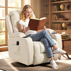 HOMCOM PU Leather Recliner Chair, Recliner Armchair with Extended Footrest, Cup Holders and Side Pockets, Cream