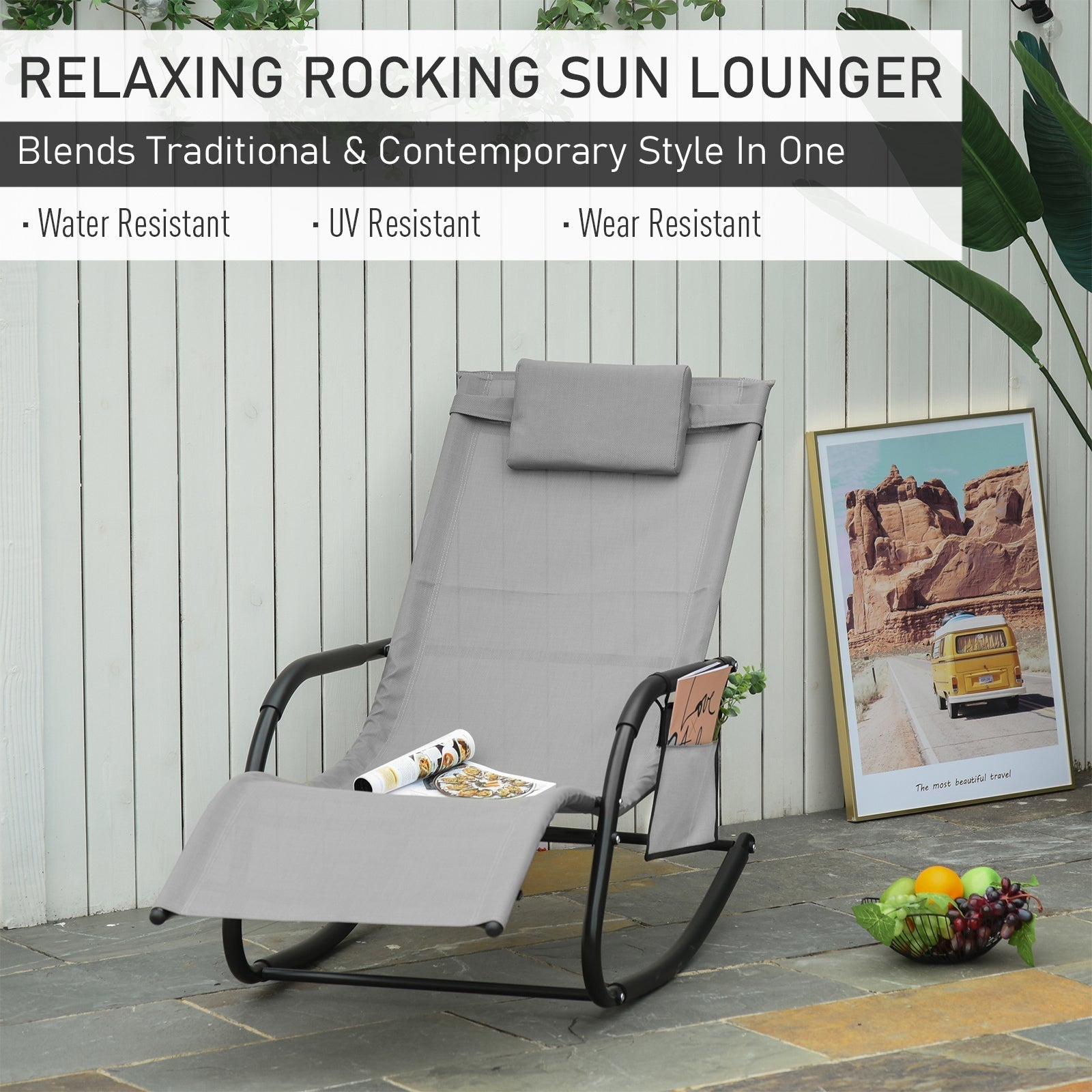 Outsunny 2PCs Outdoor Garden Rocking Chair, Patio Sun Lounger Rocker Chair with Breathable Mesh Fabric, Removable Headrest Pillow, Armrest, Side Storage Bag, Grey