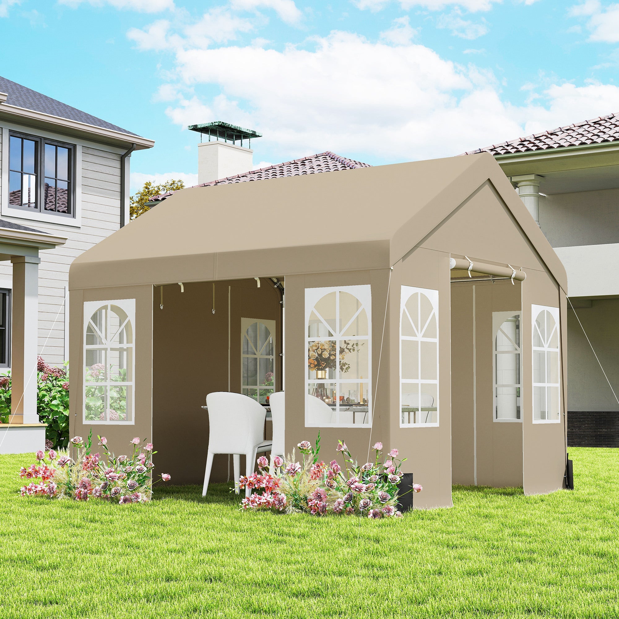 Outsunny 3 x 3 m Party Tent, Outdoor Canopy Tent Shelter with Removable Sidewalls, 4 Zipped Doors, for Parties, Wedding, Beige