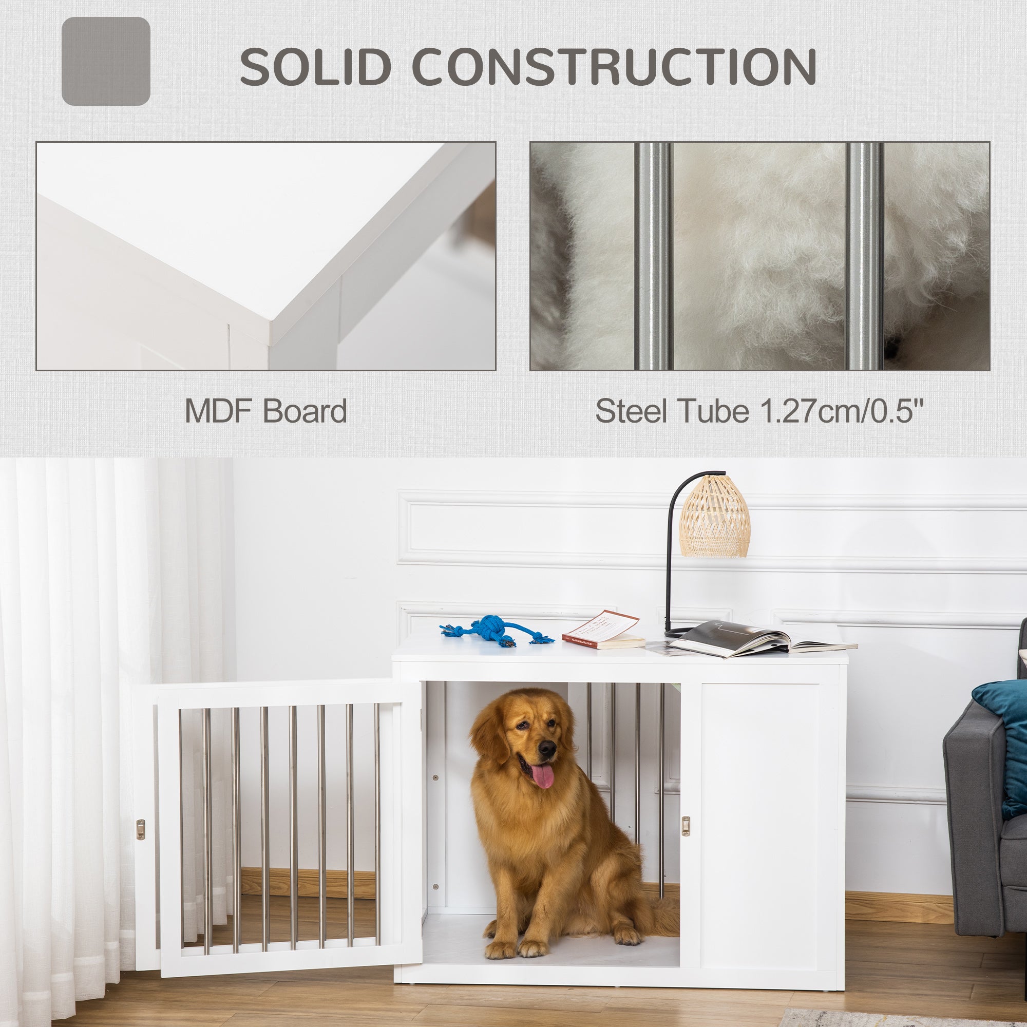 PawHut 2-in-1 Dog Cage and Side Table, with Two Lockable Doors, for Medium Large Dogs - White