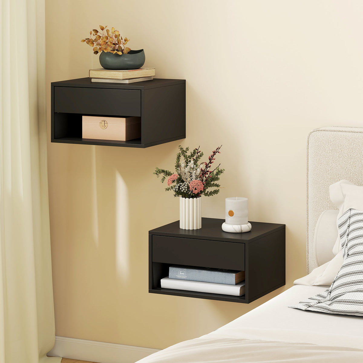 HOMCOM Floating Bedside Tables Set of 2, Wall Mounted Nightstand, Black