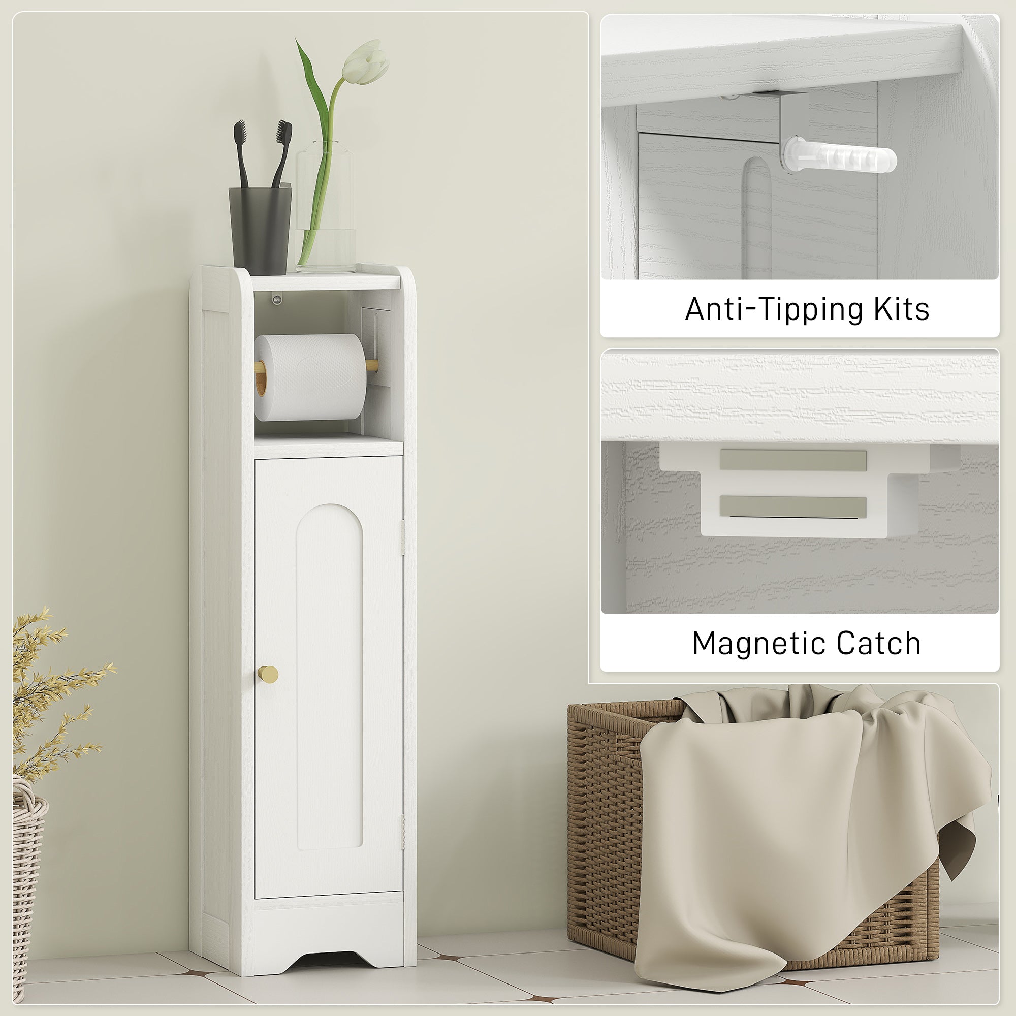 HOMCOM Small Bathroom Storage Cabinet with Toilet Roll Holder - White