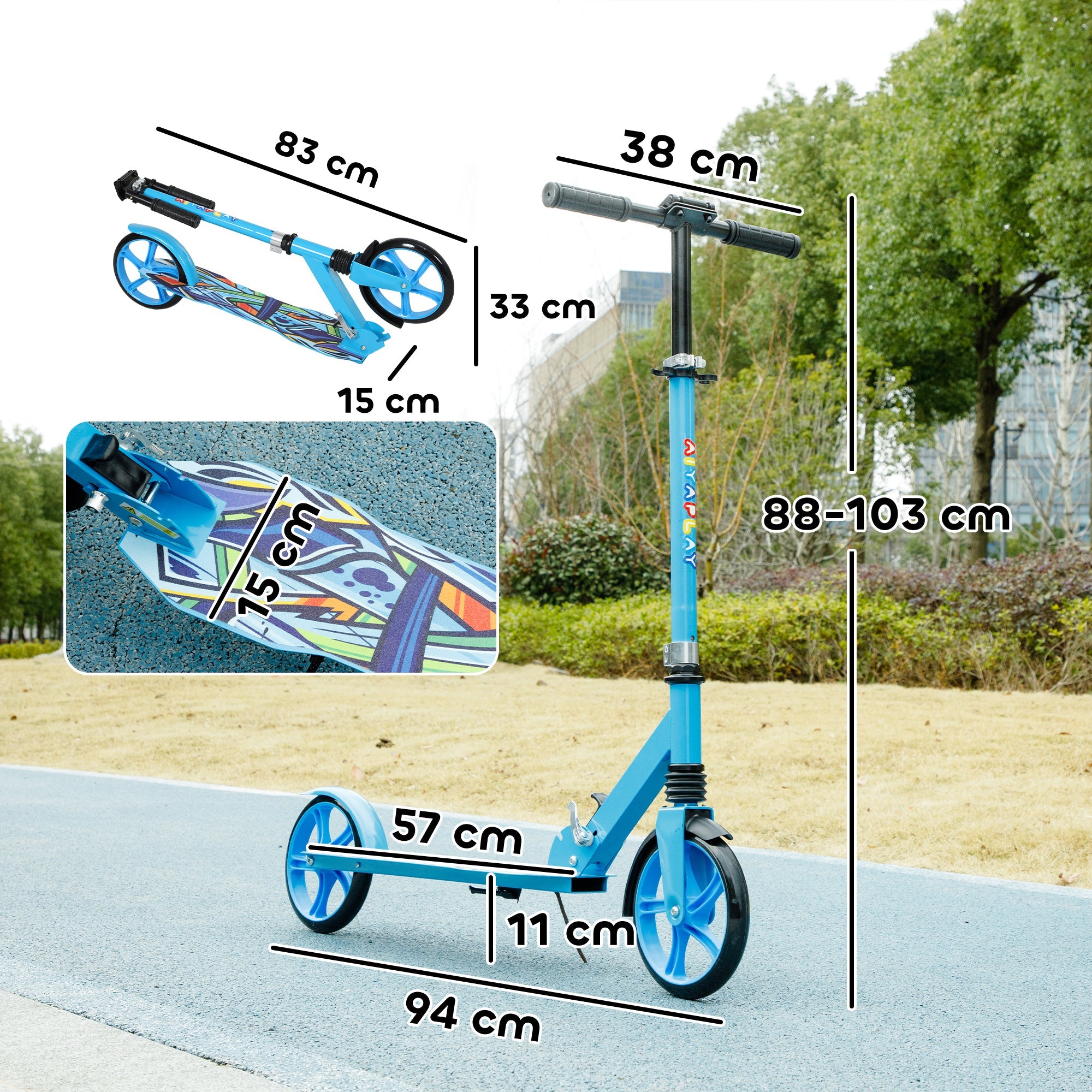 AIYAPLAY Foldable Kids Scooter with Adjustable Handlebar, 200mm Big Wheel, Rear Fender Brake, for Ages 6-12 Years, Blue