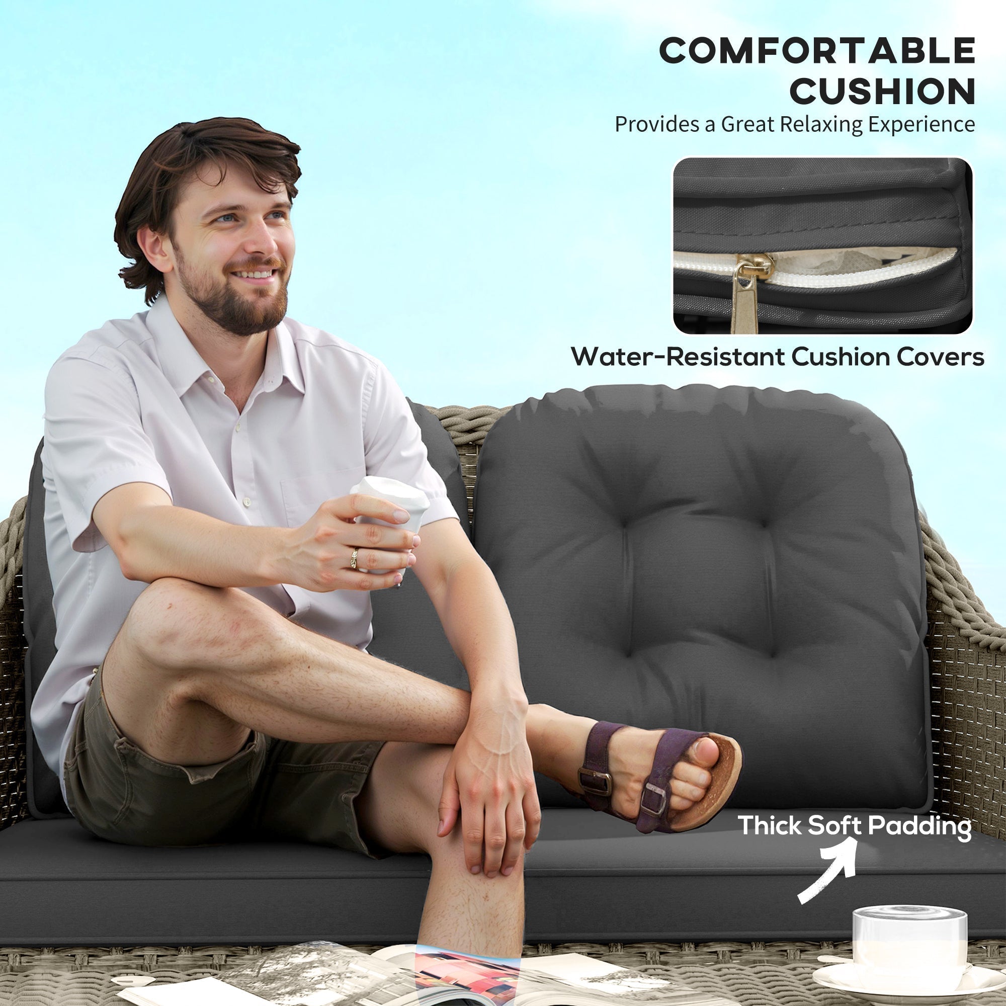 Outsunny Four-Piece Rattan Sofa Set, with Glass-Top Table - Light Grey