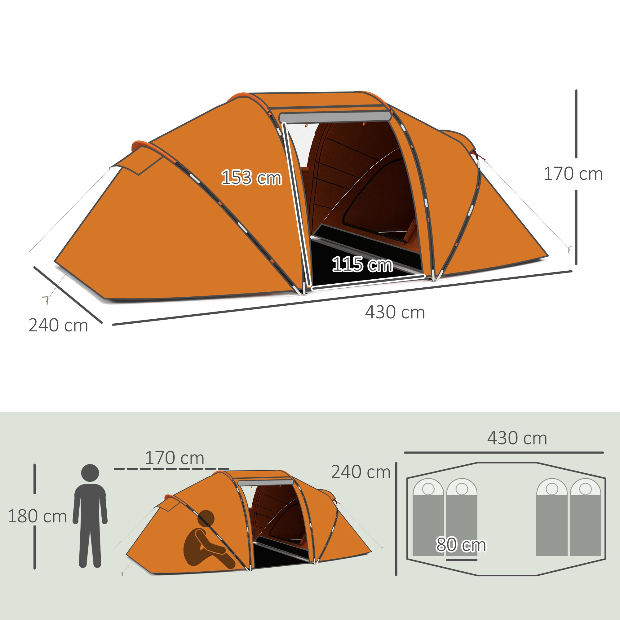 Outsunny 4-6 Man Camping Tent with Living Area and 2 Bedrooms, Hiking Sun Shelter, UV Protection Tunnel Tent, Orange