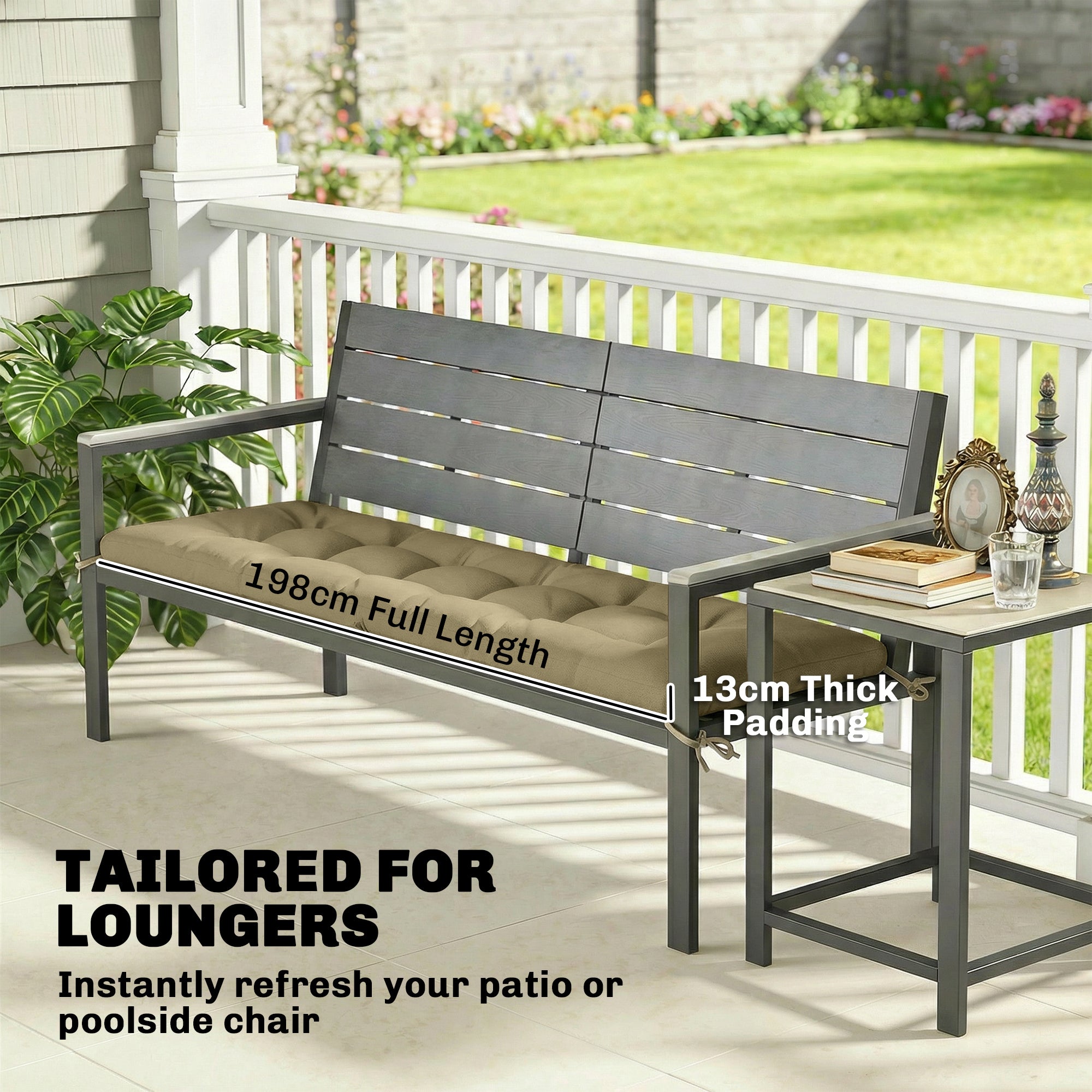 Outsunny Sun Lounger Cushion, Memory Foam Patio Chair Cushion with Ties, Outdoor Seat Pad Fits 190 x 60 cm Lounger, Sand