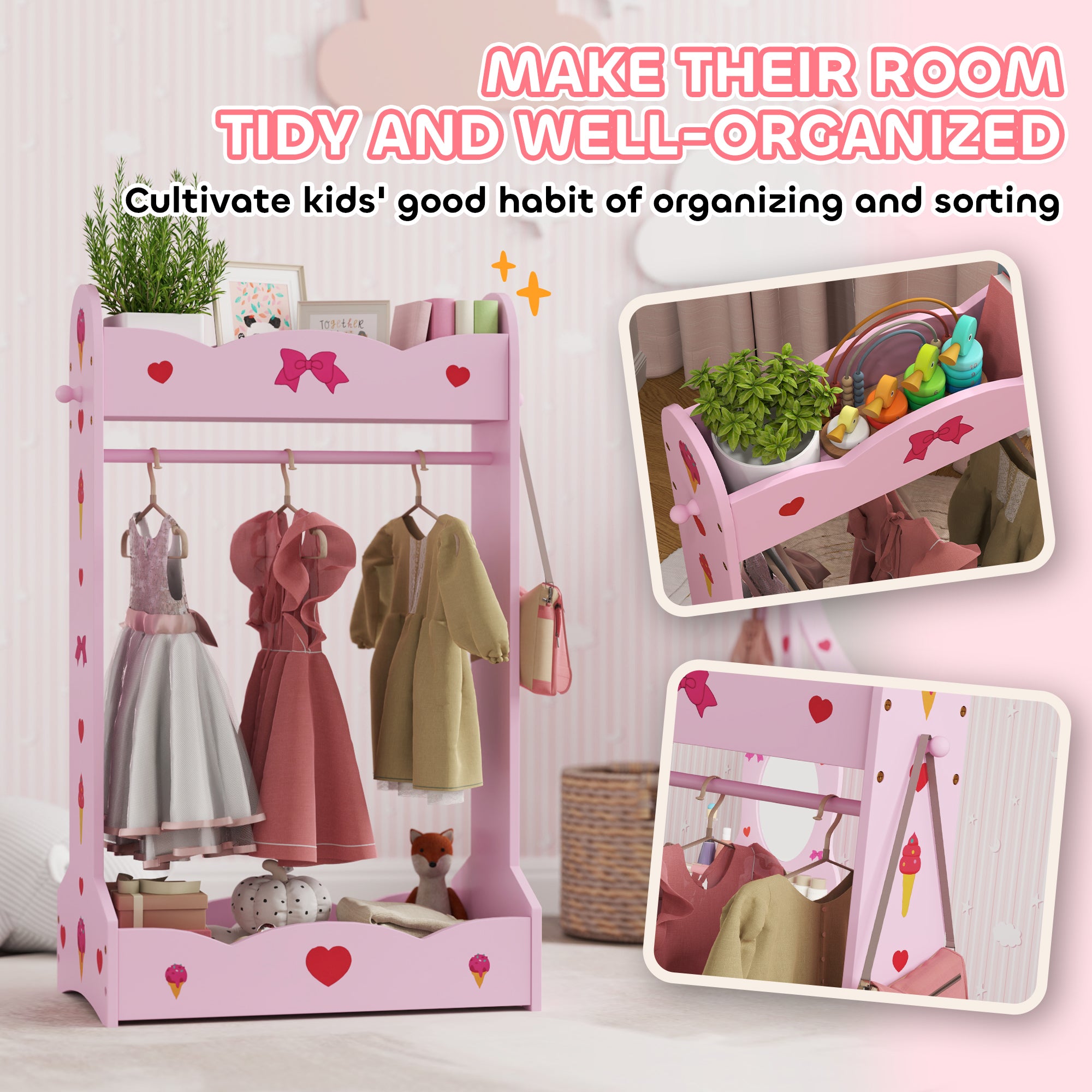 AIYAPLAY Kids Bed with Safety Rails, Kids Clothes Rail, Kids Full Length Mirror, 3 Piece Kids Furniture Set for Bedroom, Pink