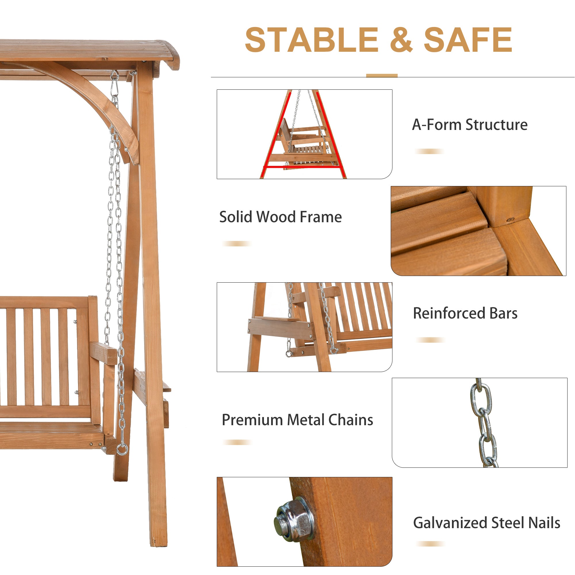 Outsunny 3 Seater Garden Swing Seat Wooden Swing Chair Hammock Bench Lounger with Canopy, Natural