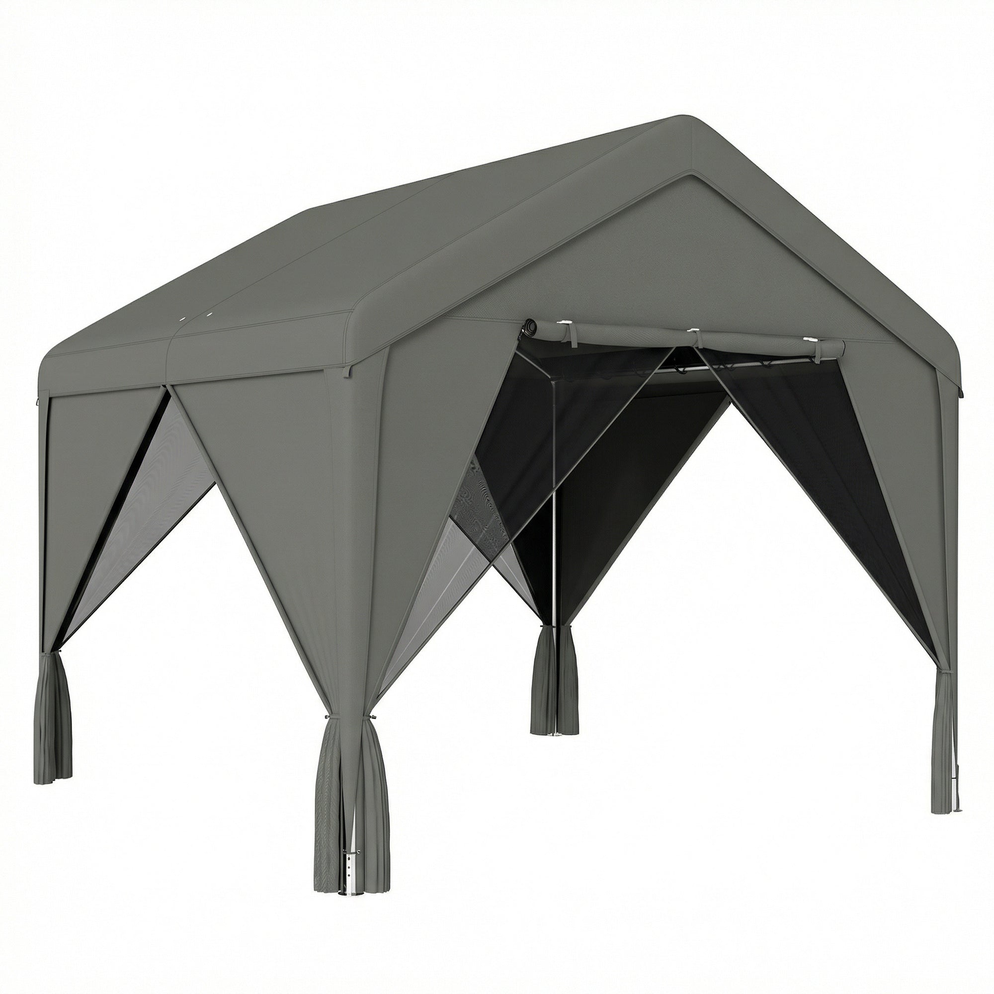 Outsunny 3 x 3 m Patio Gazebo with Netting & Curtains, Outdoor Canopy Shelter with Galvanised Steel Frame, Dark Grey