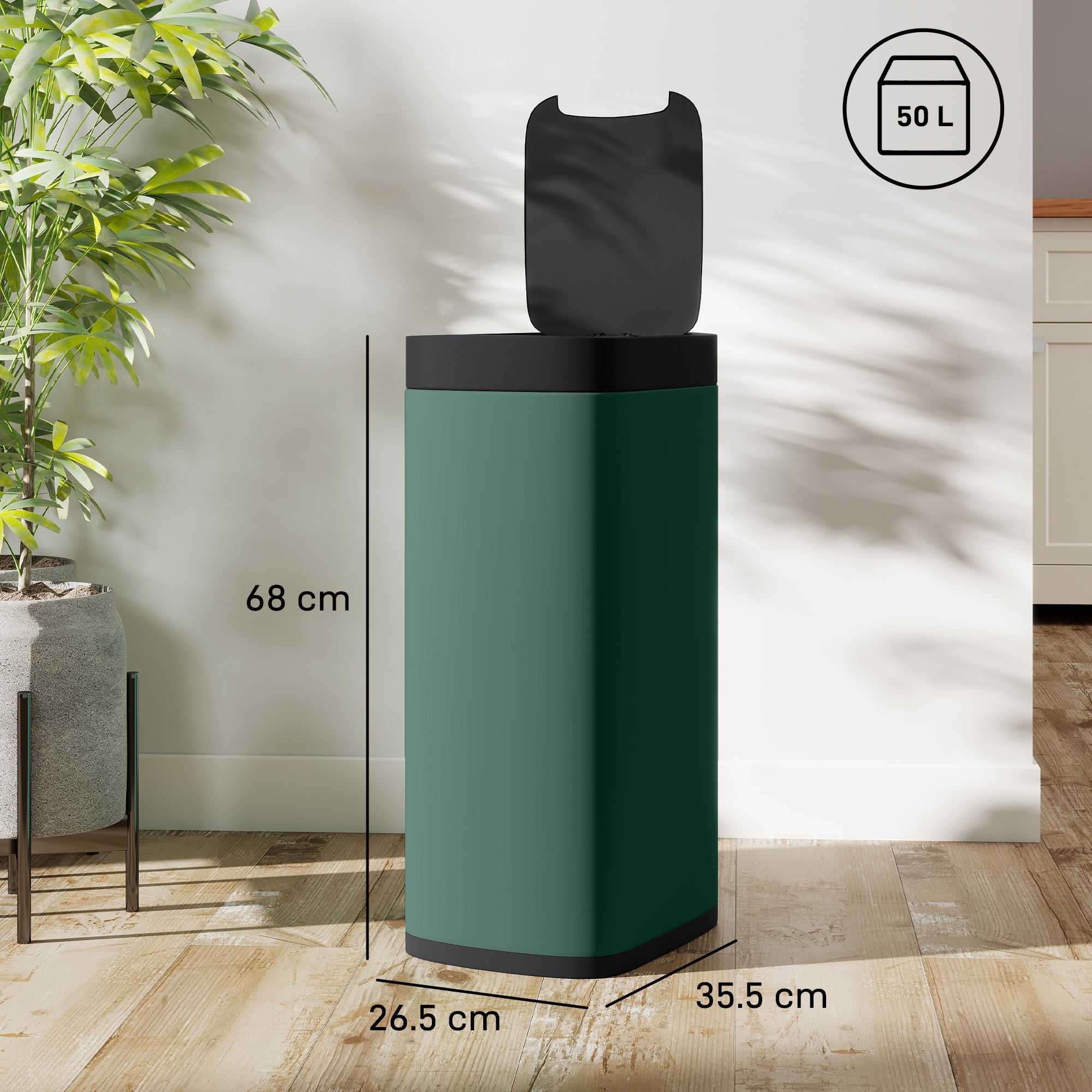 HOMCOM 50L Sensor Bin, Automatic Kitchen Bin, Manual Override, Battery Operated, Inner-Bucket-Free, for Kitchen, Bedroom