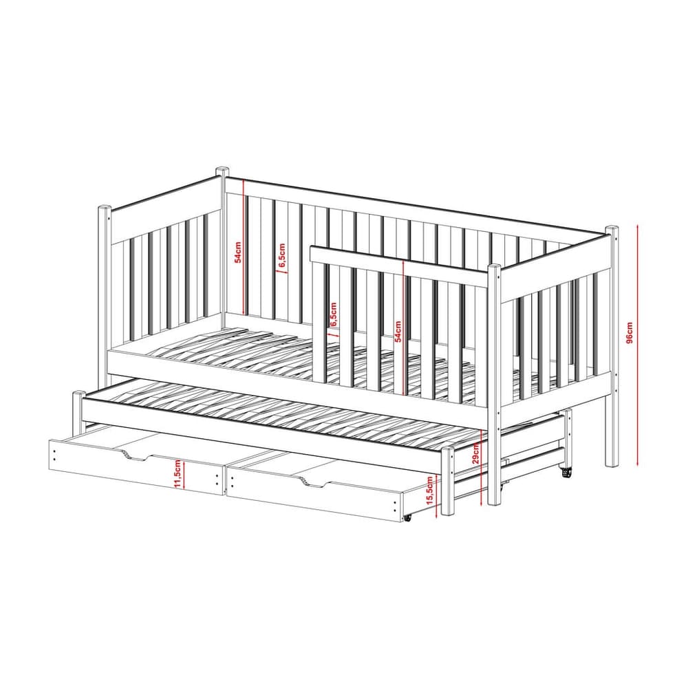 Diagram showing the dimensions of the Kaja single bed with trundle