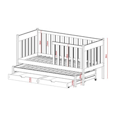 Diagram showing the dimensions of the Kaja single bed with trundle