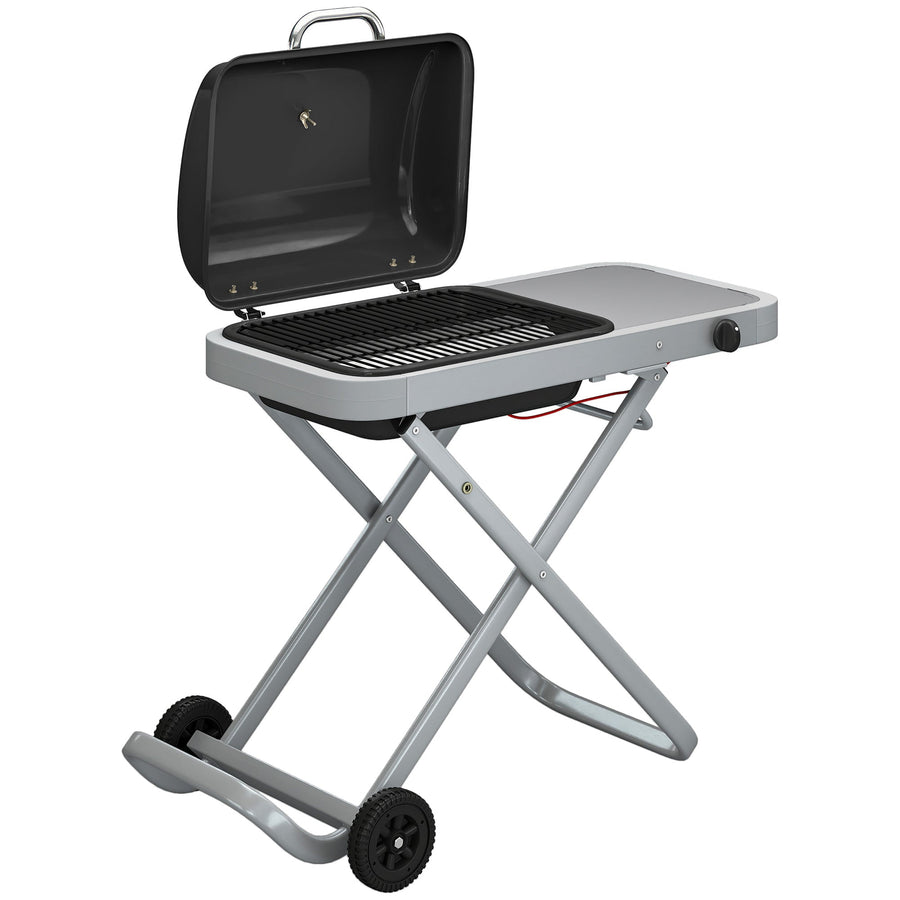 Outsunny Foldable Gas BBQ Grill with Side Table, Portable Gas Barbecue Grill with Thermometer, Grease Box, Wheels, 2.5 kW, Black