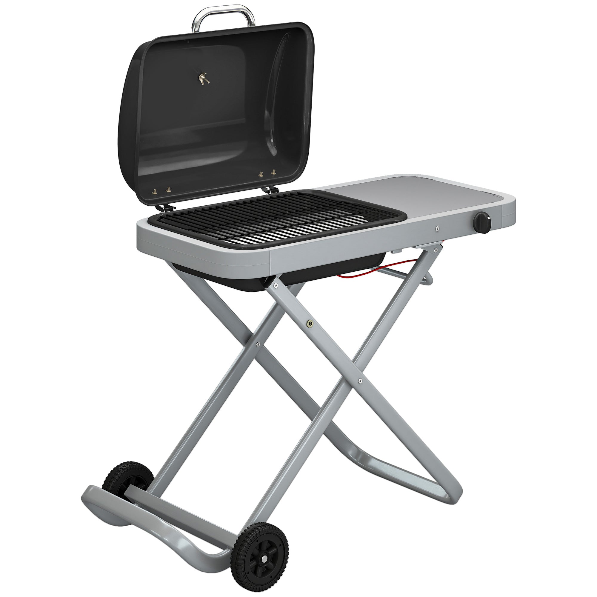 Outsunny Foldable Gas BBQ Grill with Side Table, Portable Gas Barbecue Grill with Thermometer, Grease Box, Wheels, 2.5 kW, Black