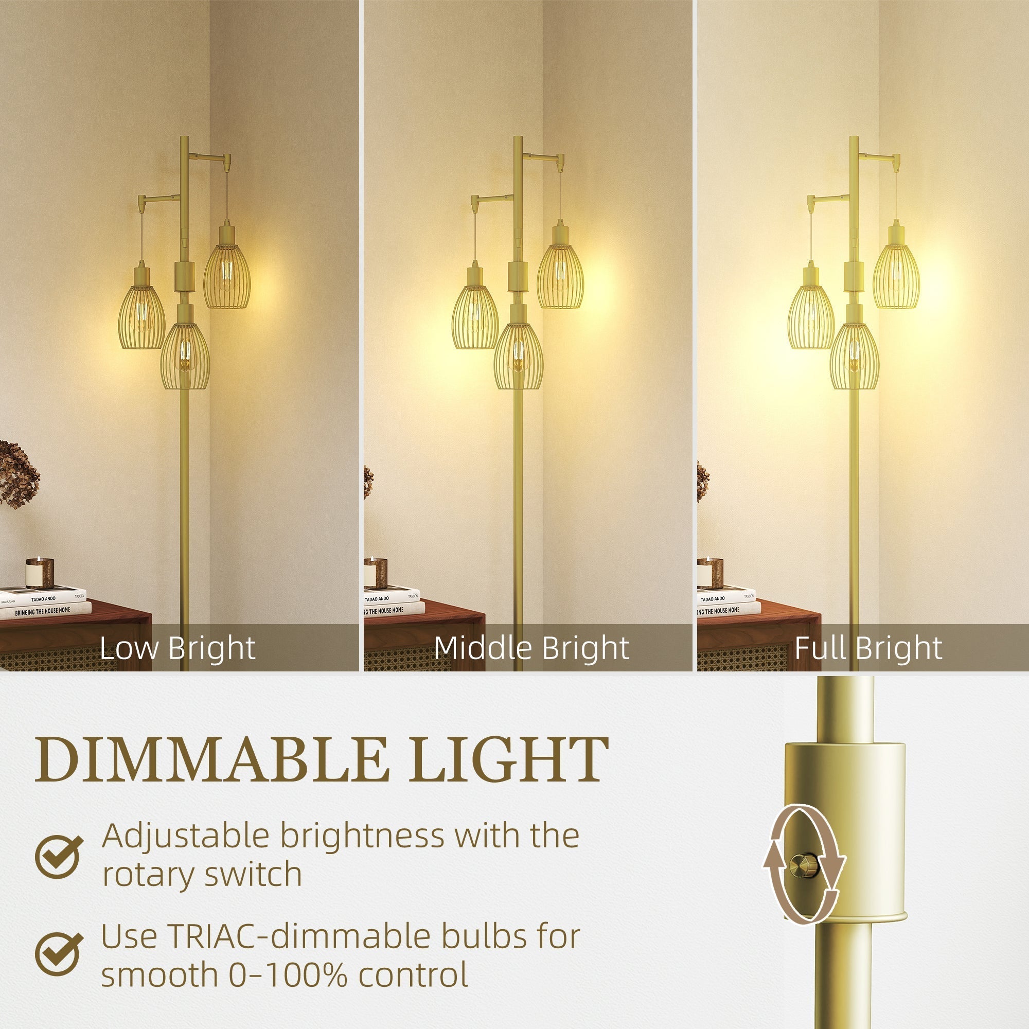 HOMCOM 3-Light Floor Lamp, 170cm Industrial Dimmable Standing Lamp with Steel Wire Cage Lampshades for Living Room, Bedroom, Dining Room, Study, Gold Tone