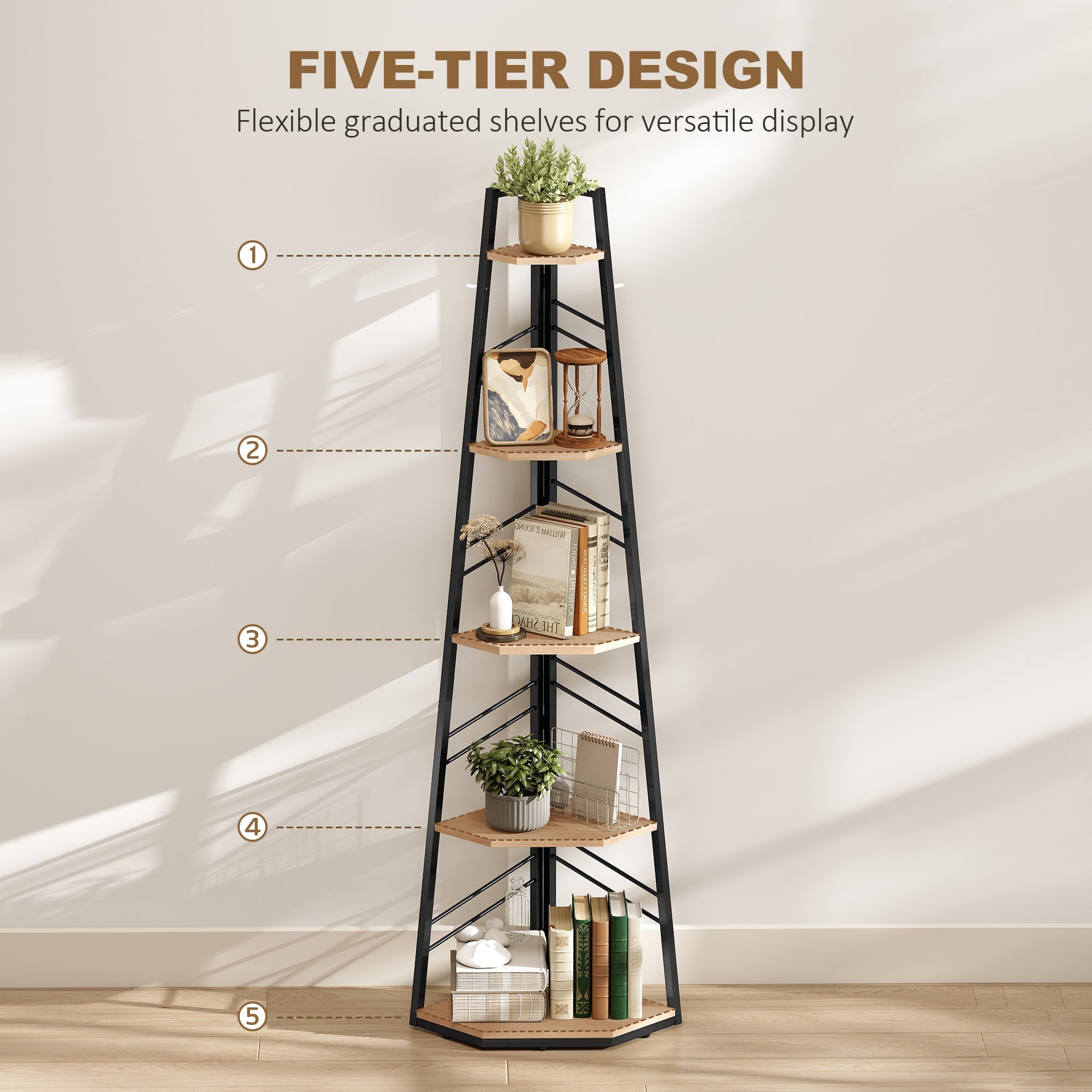 HOMCOM Corner Bookcase, 5-Tier Floor Standing Bookshelf, Shelving Unit for Living Room, Study, Bedroom, Natural Wood Finish