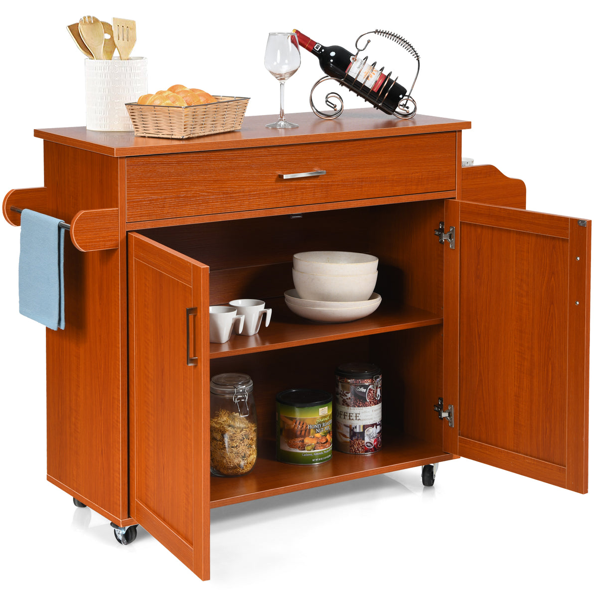 Rolling Kitchen Storage Trolley with Adjustable Shelf and Drawer-Brown