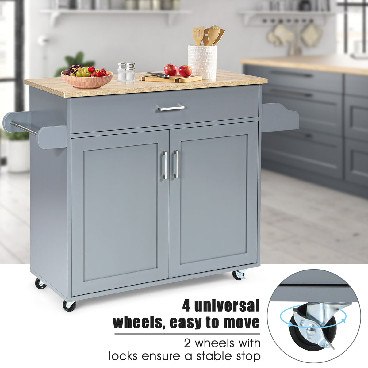 Rolling Kitchen Storage Trolley with Adjustable Shelf and Drawer-Grey