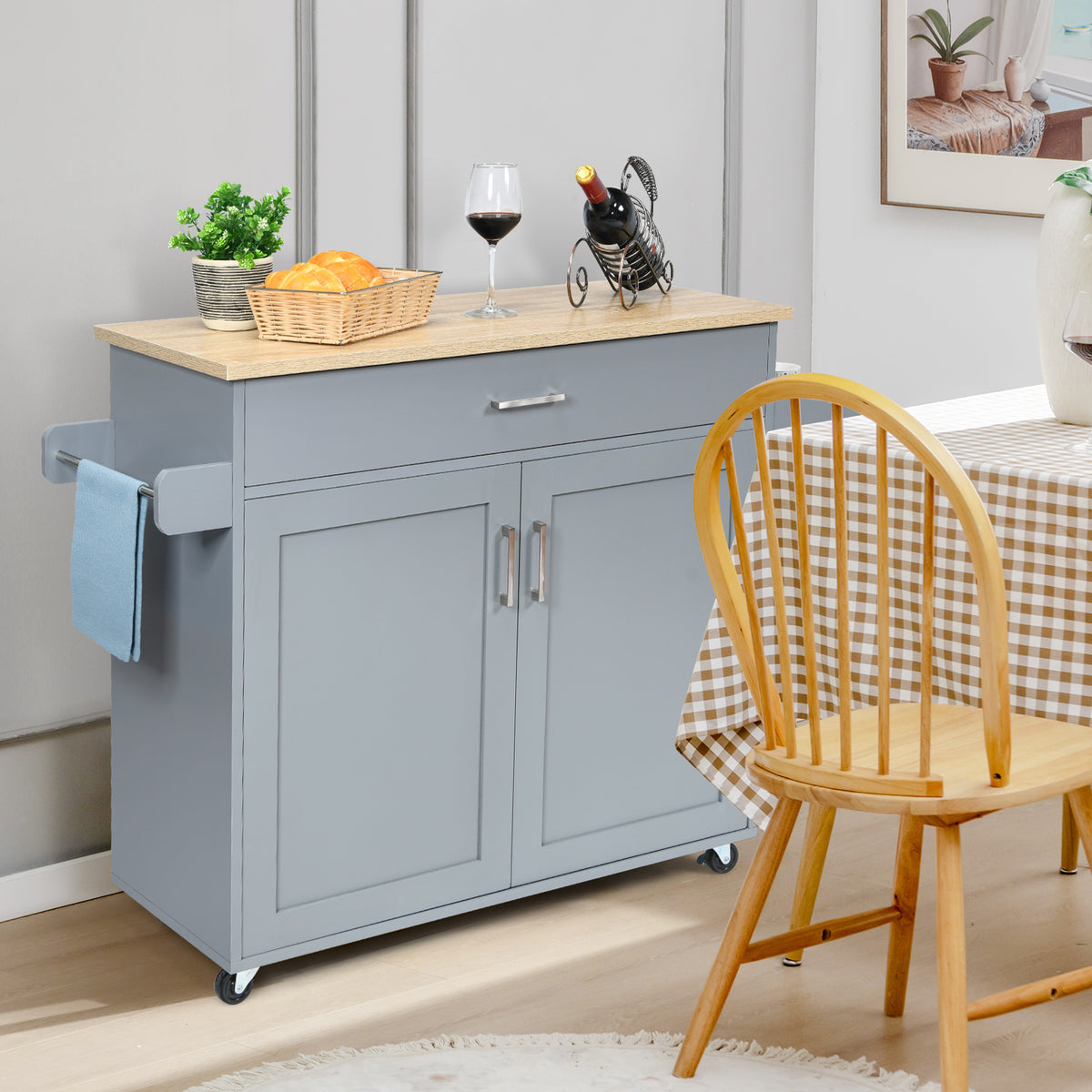 Rolling Kitchen Storage Trolley with Adjustable Shelf and Drawer-Grey