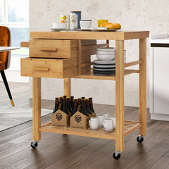 Rolling Bamboo Kitchen Island Cart with Drawers and Shelves