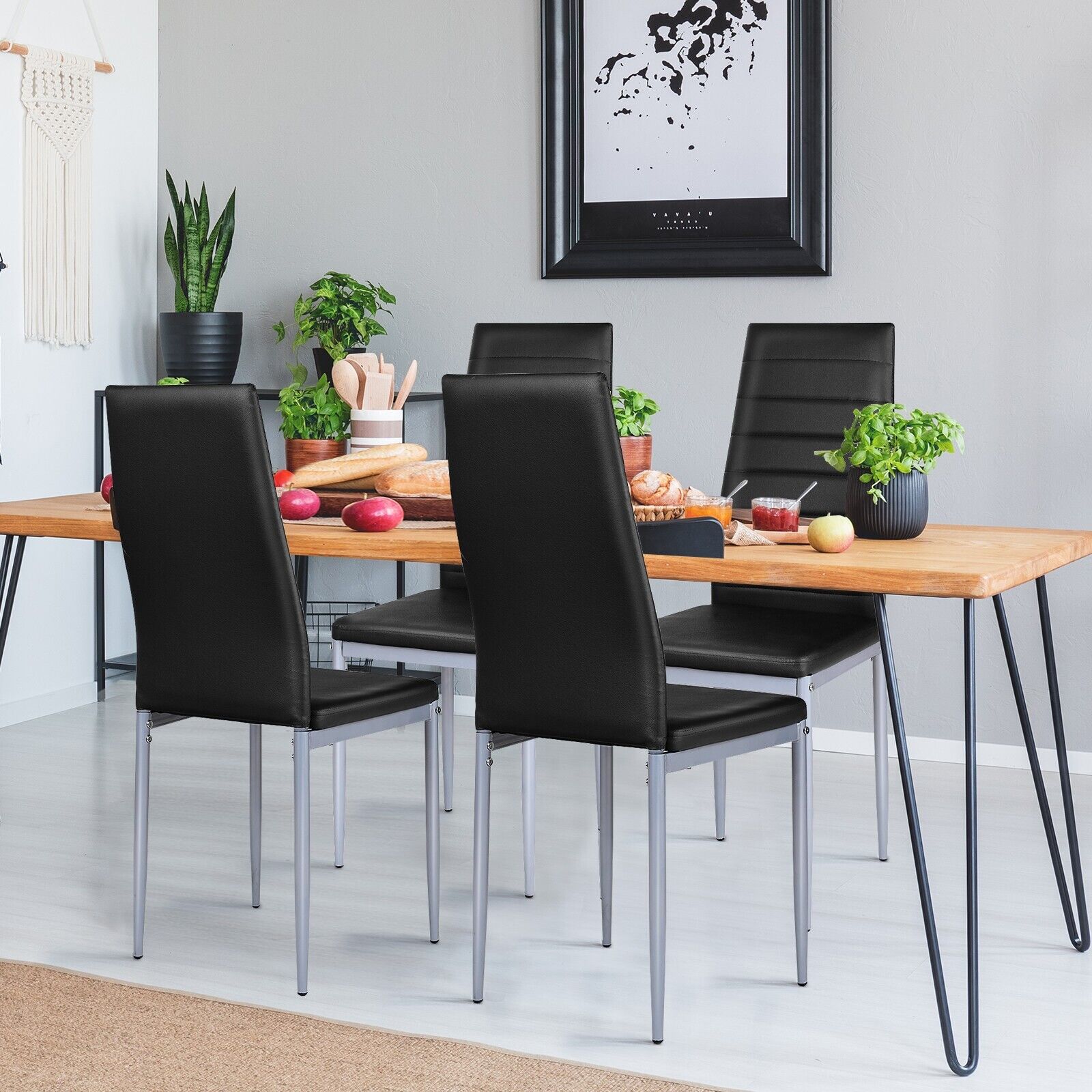 Set of 4 Armless Upholstered Dining Chairs with High Back-Black