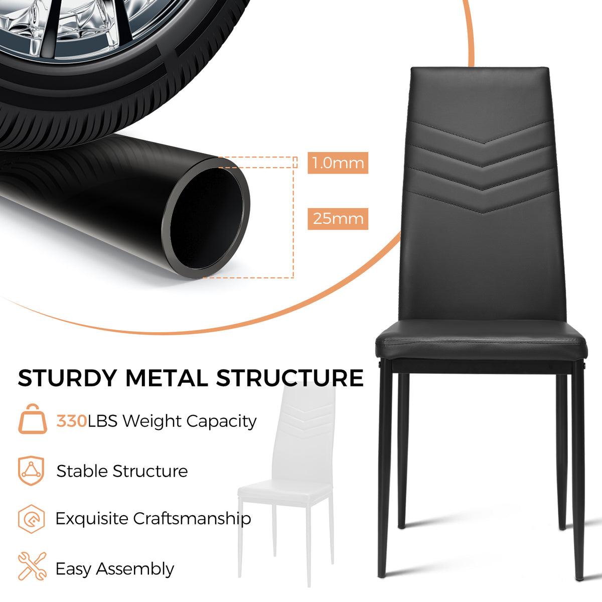 4 PCS Armless Side Chairs with Upholstered Cushion and Sturdy Metal Frame-Black