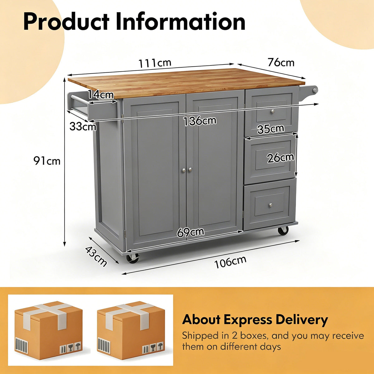 Kitchen Island Trolley with 3 Drawers and 2-door Cabinet-Gray