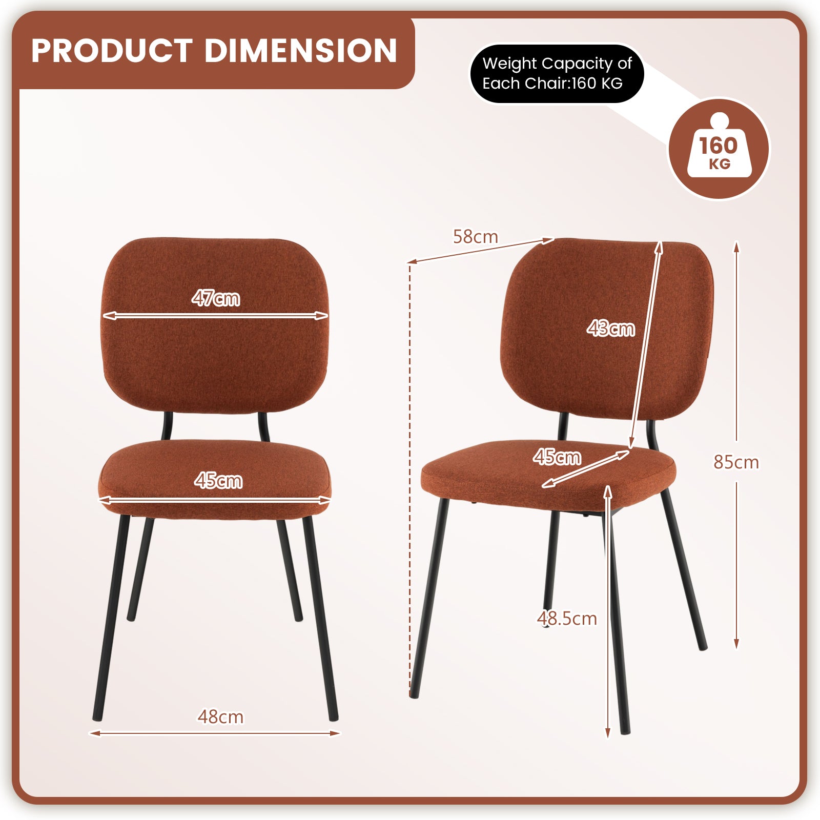 Modern Fabric Dining Chair Set of 2 with Linen Fabric-Orange