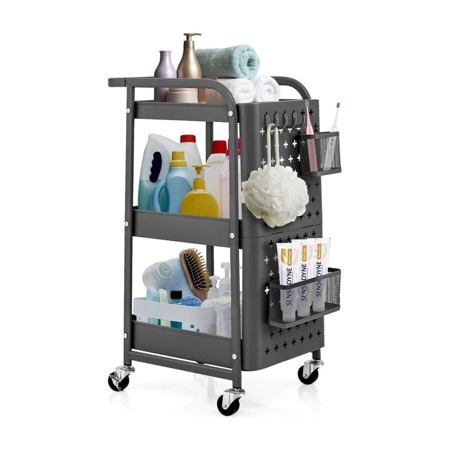 3-Tier Rolling Storage Organizer Cart with Dual DIY Pegboards-Gray
