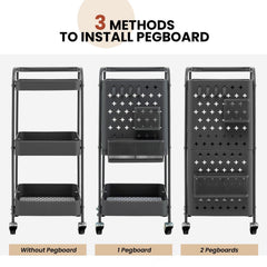 3-Tier Rolling Storage Organizer Cart with Dual DIY Pegboards-Gray